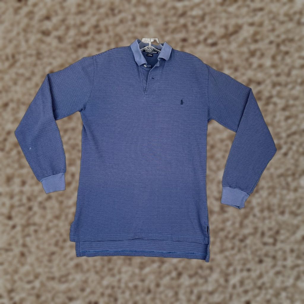 Ralph Lauren VINTAGE Ralph Lauren Polo Shirt Men S Blue Stripe 100% Cotton Slim Fit Long Sleeve Polo Shirt Men Small Blue Stripe 70s Theme Mens Size US S / EU 44-46 / 1 - 1 Thumbnail