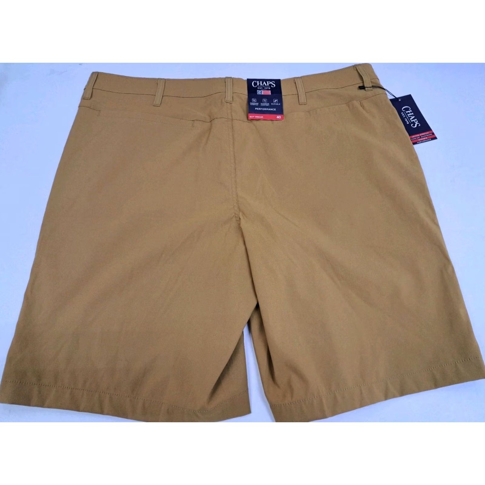 Chaps NWT Chaps Mens Performance Stretch Regular Fit Nylon/SP Shorts 40/10.5" #7138 Brown Chino Casual Travel Slas h Pockets Logo Zipper Easy Care 90s? Size US 40 / EU 56 - 2 Thumbnail