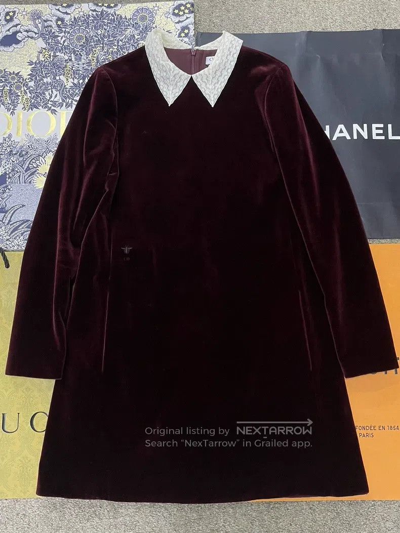 Dior Dior Burgundy velvet doll collar long-sleeved dress Size XXS / US 00 / IT 34 - 1 Thumbnail