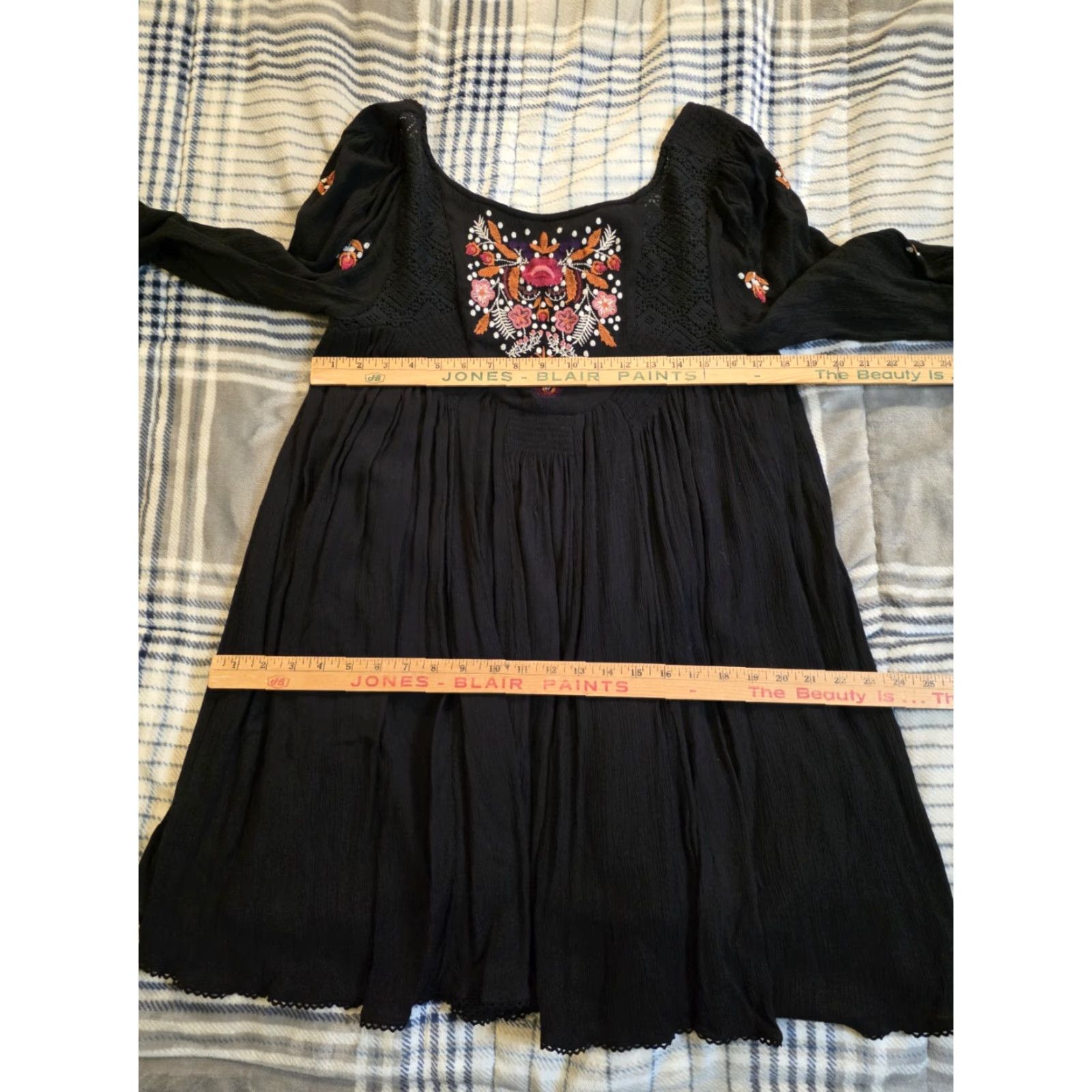 Free People Free People Mini Dress Black Embroidered Boho Peasant Womens Size S Long Balloon Sleeve Scoop Neck Size S / US 4 / IT 40 - 7 Thumbnail