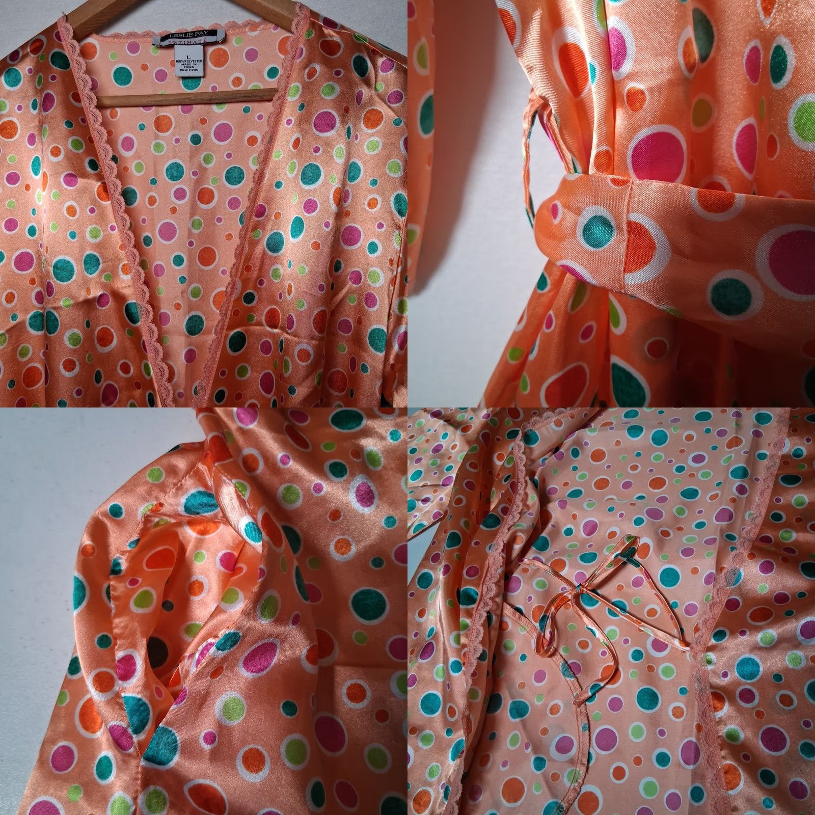 Vintage VINTAGE Leslie Fay Intimates Robe L Peach Satin Polka Dot Lace Trim 1990s Women Size ONE SIZE - 8 Thumbnail