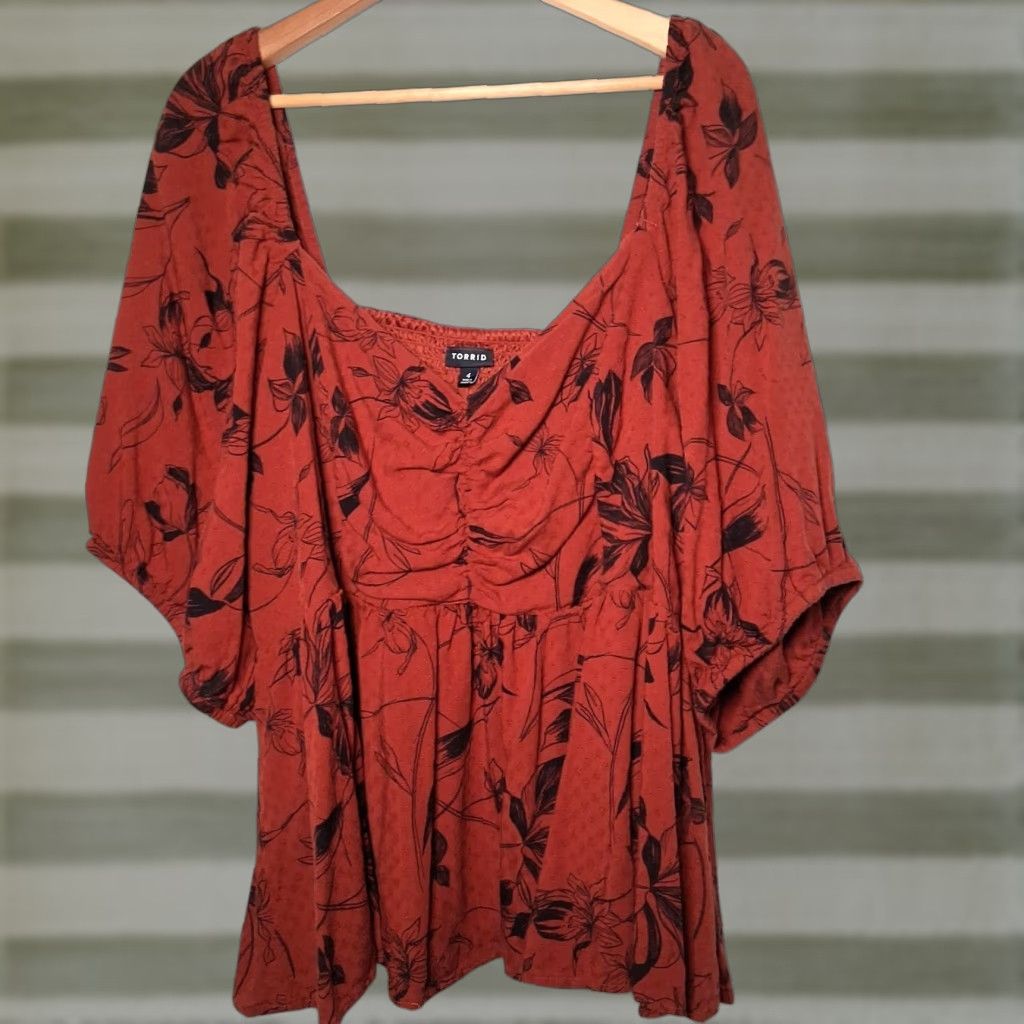 Torrid Torrid Blouse 4X Plus Size Flutter Sleeve V-Neck Smocked Floral Rust Orange Boho Hippie Peasant Milkmaid Woven Shirt Women Regular Size XXL / US 16-18 / IT 52-54 - 1 Thumbnail