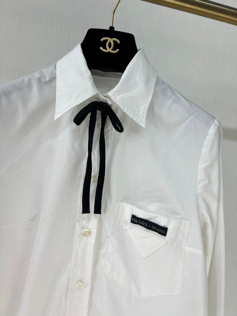 Prada Prada White Shirt with Black Ribbon Collar -2505 Size M / US 6-8 / IT 42-44 - 3 Thumbnail