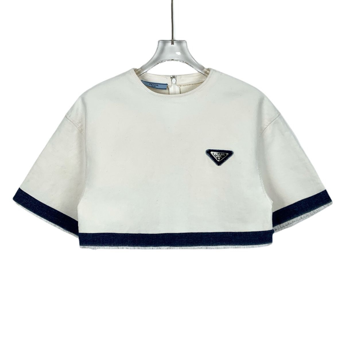 Prada Prada White Triangle Logo Fringe Crop Short Sleeve T-Shirt ( Size XS / US 0-2 / IT 36-38 - 1 Thumbnail