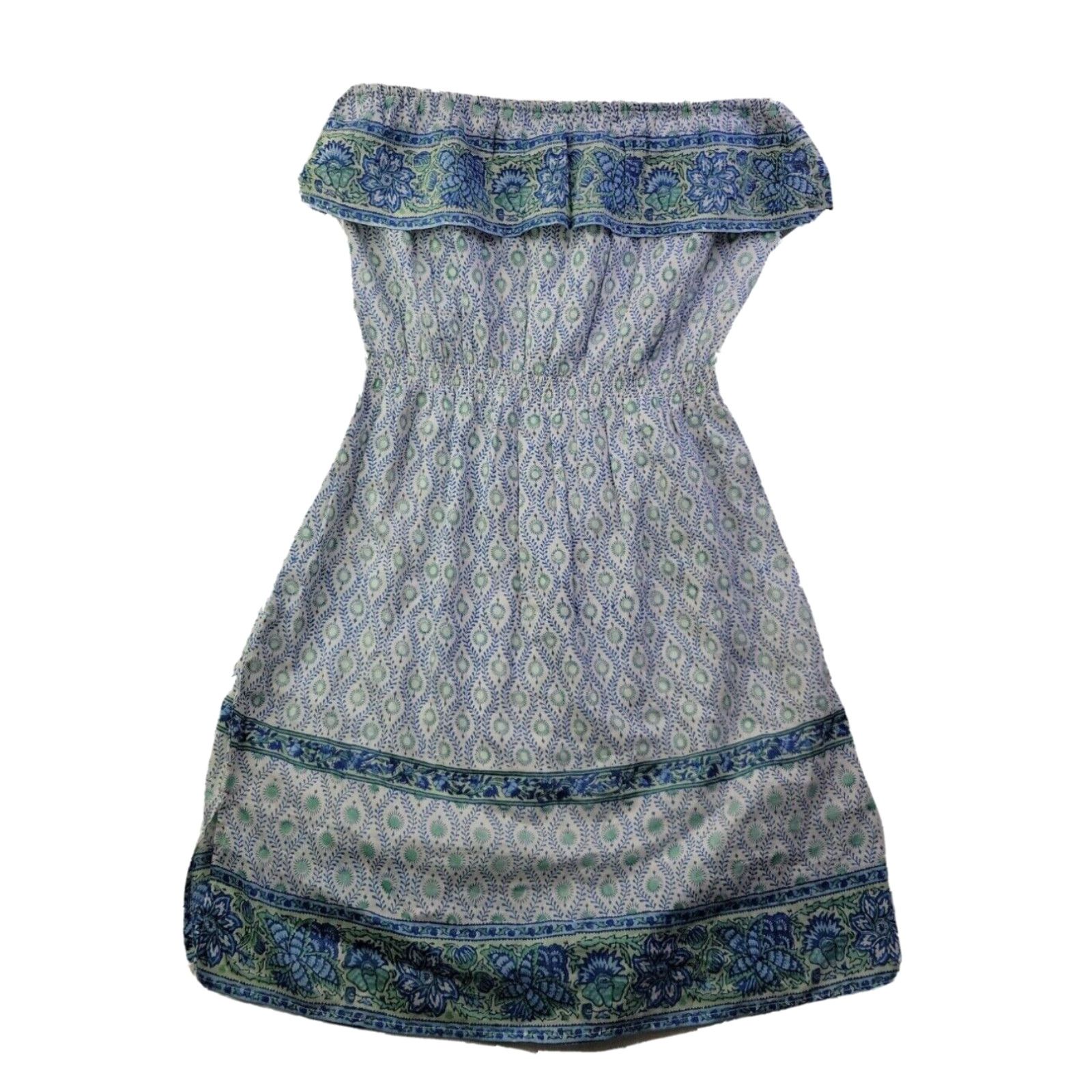 image of Alicia Bell Womens L Blue Paisley Ruffle Strapless Mini Dress Elastic Silk Blend in White (Size Lar