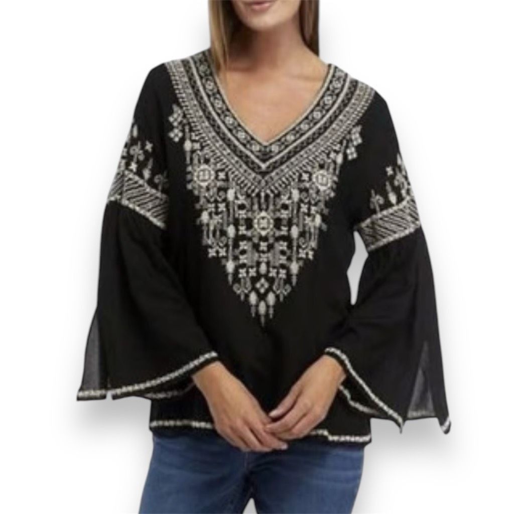 Chelsea Soccer Chelsea & Theodore Black Beige Embroidered Boho Bell Sleeve Size M / US 6-8 / IT 42-44 - 11 Thumbnail
