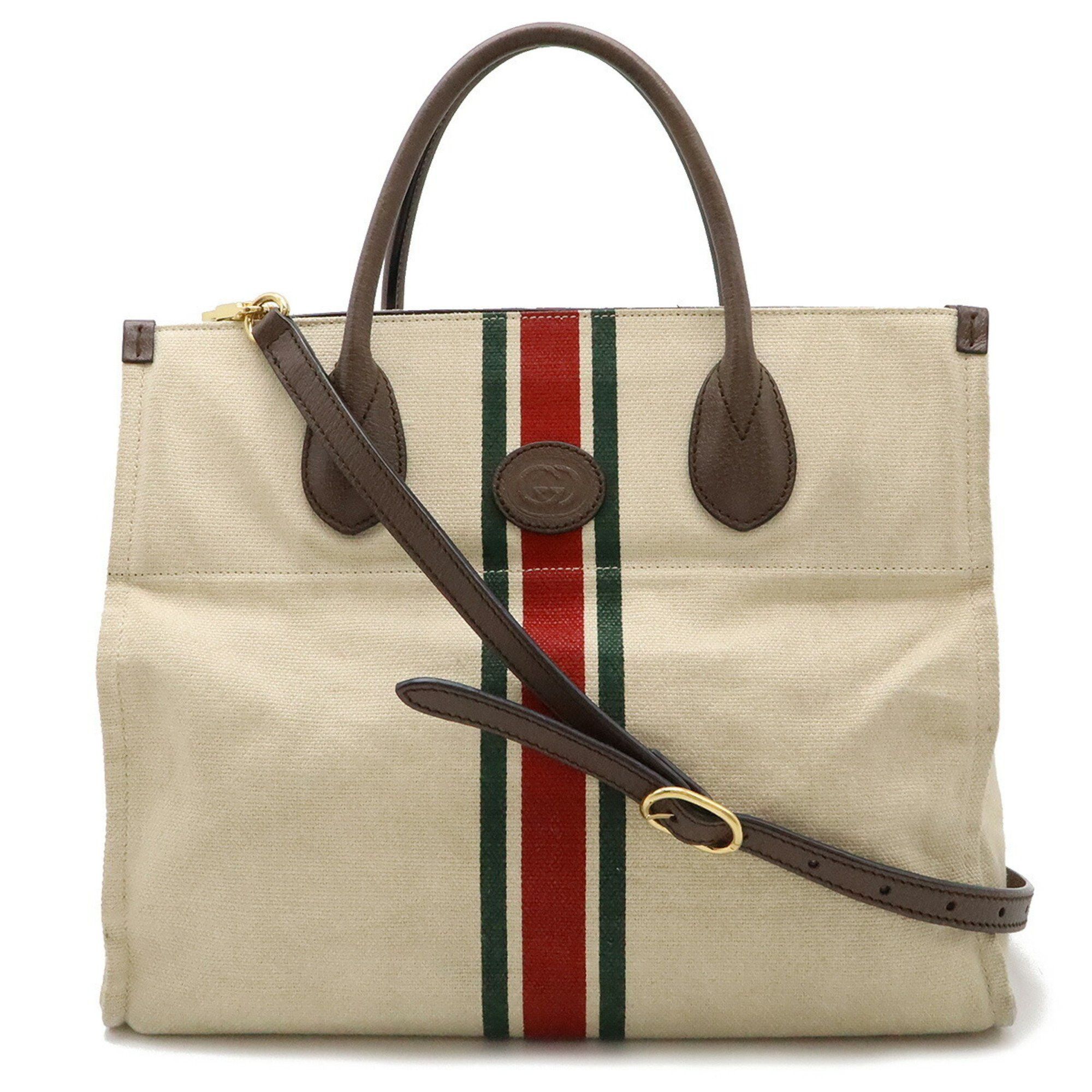 Gucci Sherry Line Foldable Tote Bag Shoulder Canvas Leather Light Beige Mocha Brown 657422 in Green, Women's