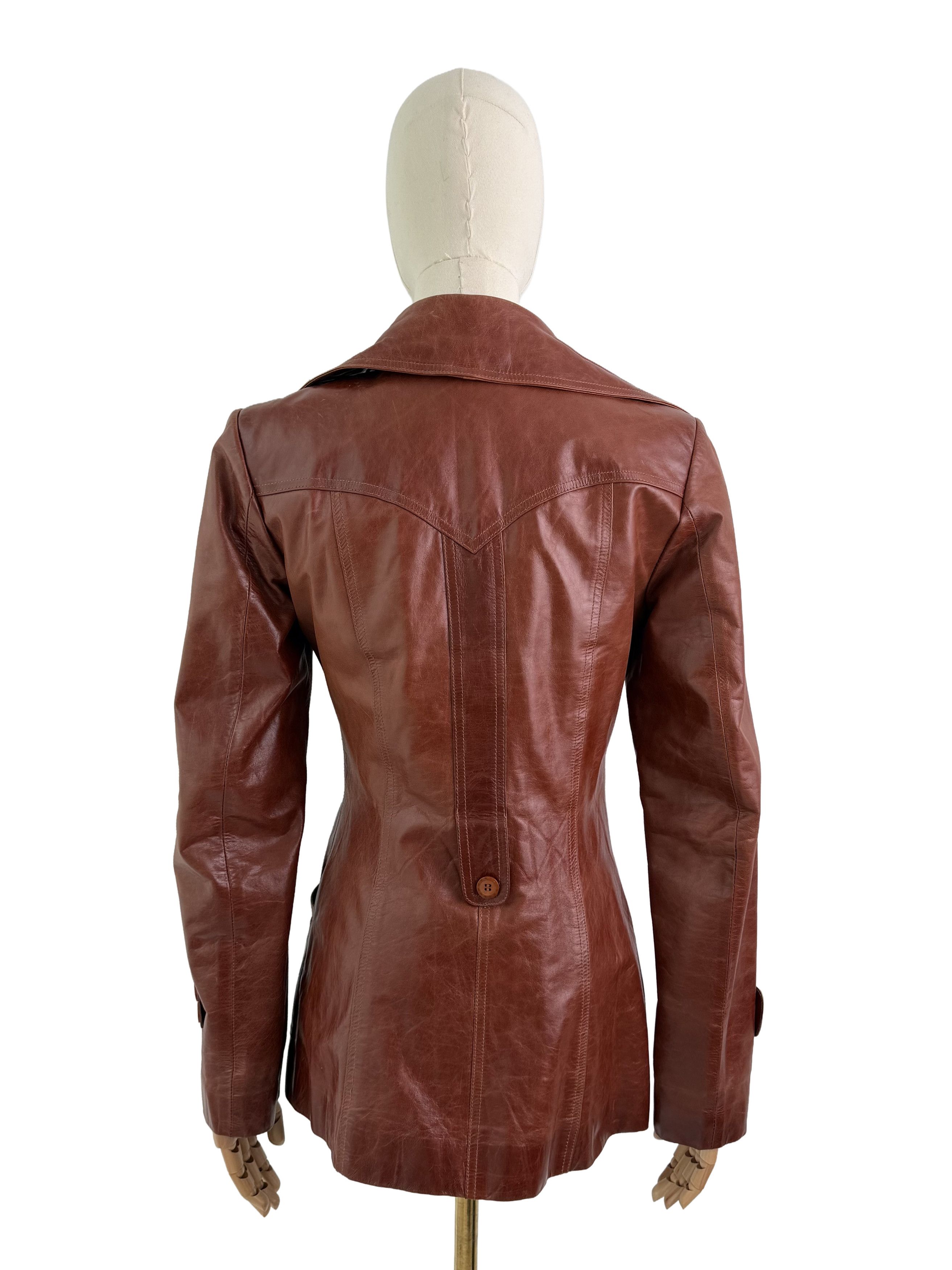 Vintage Vintage Brown Leather Jacket Button Front Retro Mid Length Size S / US 4 / IT 40 - 4 Thumbnail
