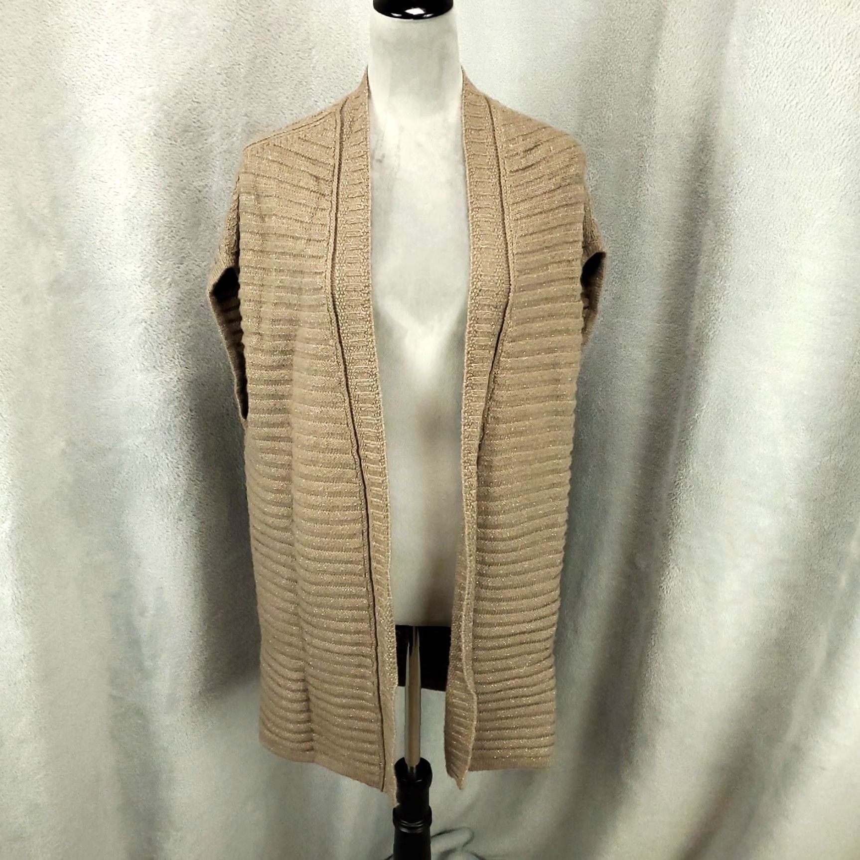 Vintage Chicos Wool Cardigan Vest Womens Medium Tan Shimmer Sparkle Ribbed Sweater Size M / US 6-8 / IT 42-44 - 2 Thumbnail