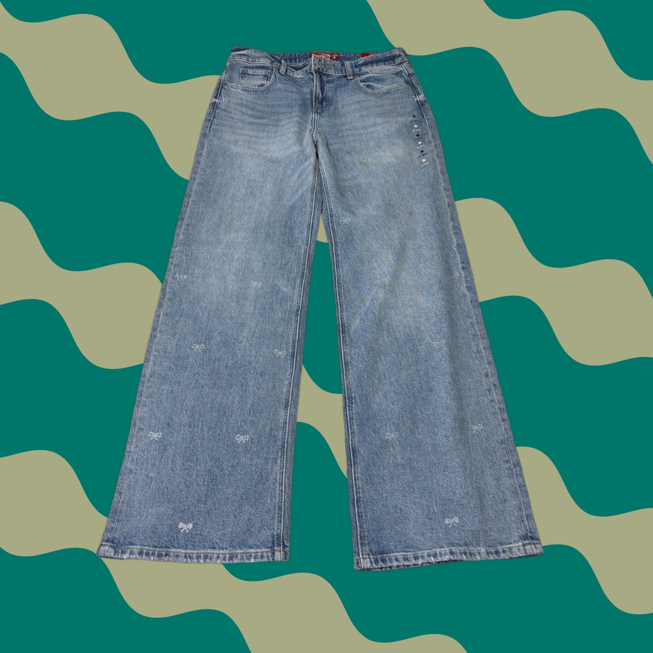 Lucky Brand NWT Lucky Brand Lucky Legend Baggy Wide-Leg Jeans Blue 29 32W 31Inseam Embroidered Bow 5-Pocket Denim Jeans Womens behouden Size 29" - 1 Thumbnail