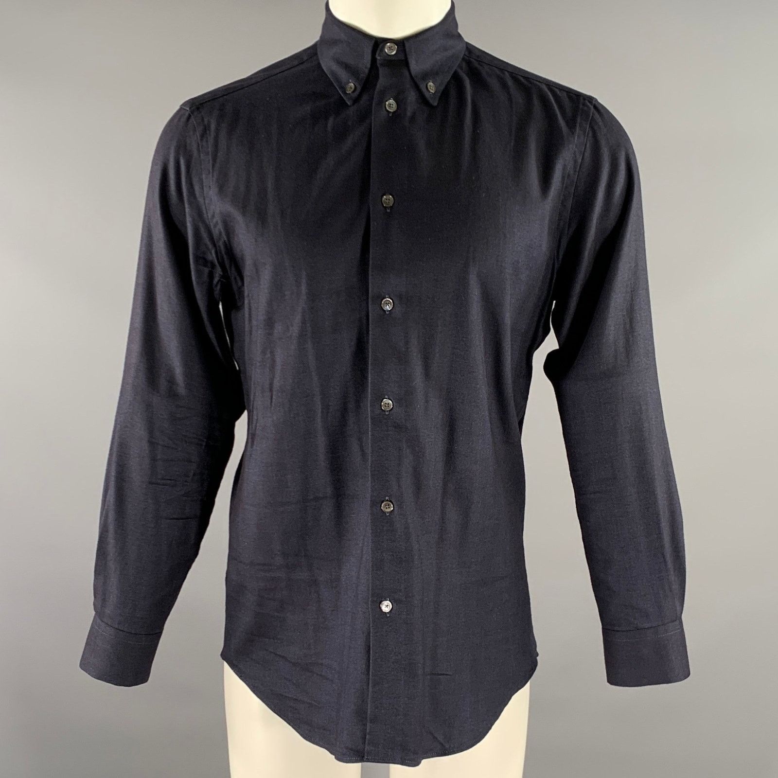 Paul Smith PAUL SMITH Navy Herringbone Flannel Cotton Blend Button-Down Size US S / EU 44-46 / 1 - 1 Thumbnail
