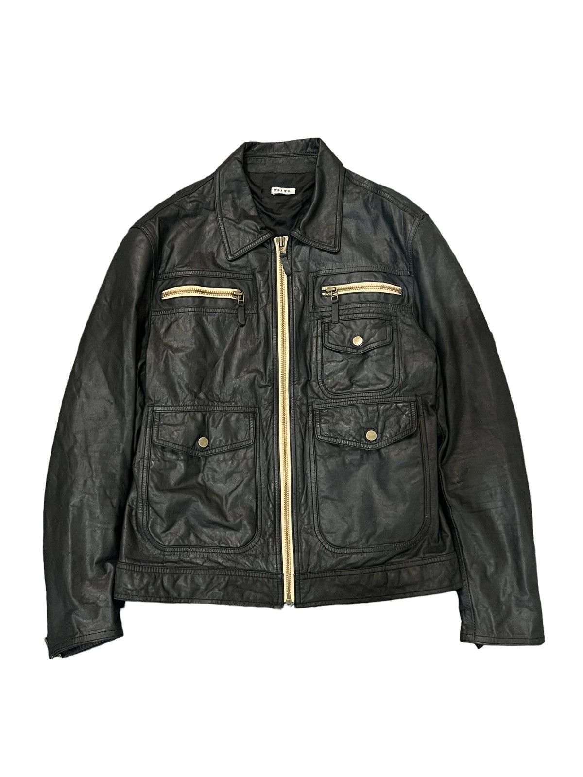 image of Miu Miu Leather Cargo Jacket in Brown Tan, Men's (Size Medium)