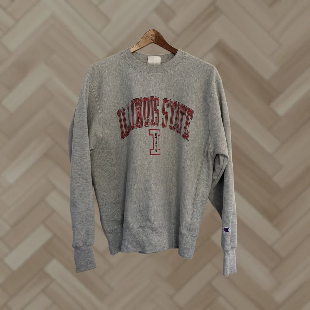Vintage Champion Sweatshirt Adult Medium Gray Illinois State Reverse Weave Crewneck Pullover NCAA Sports Mens, Men's
