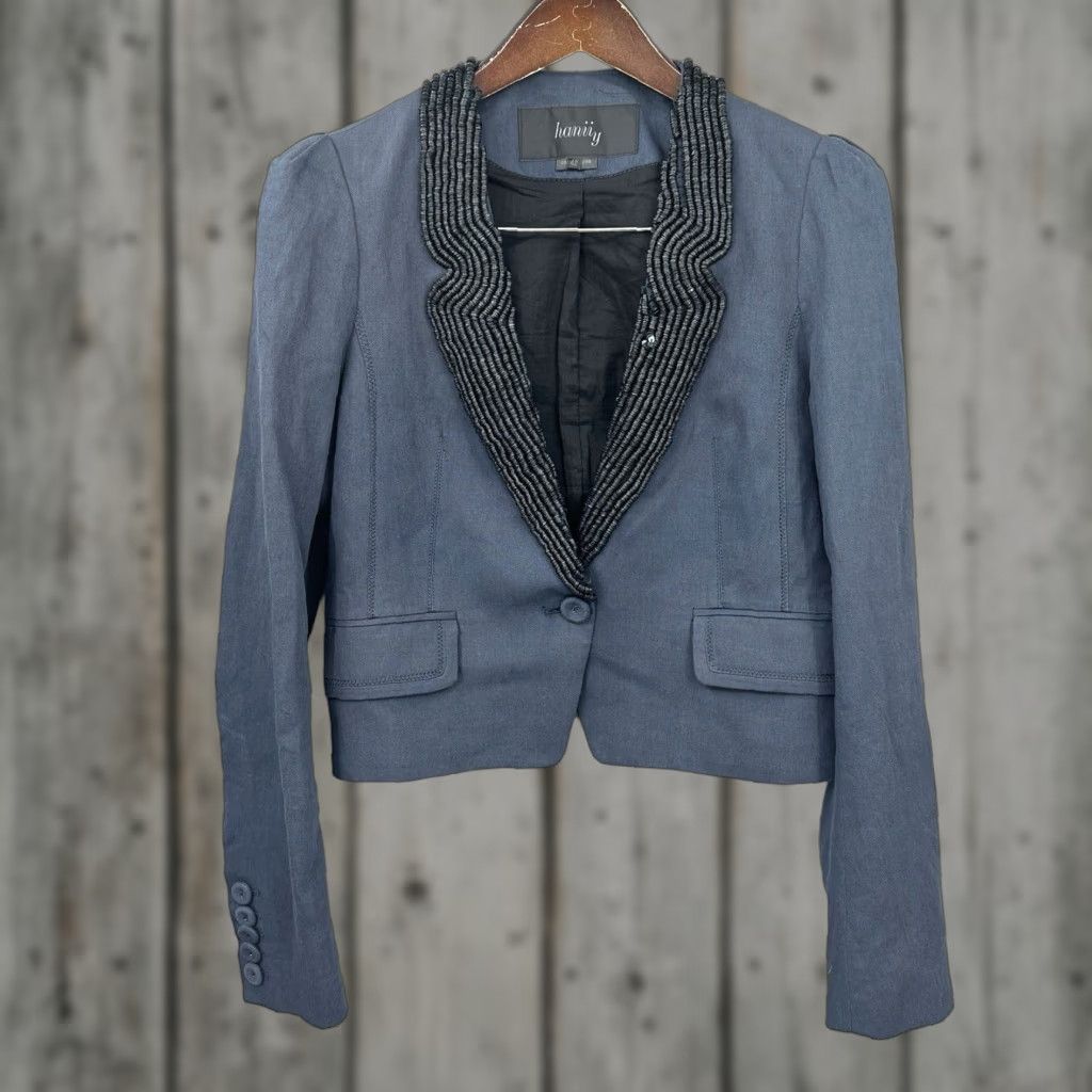 Hanii Y Jacket Womens 42 M Blue Linen Blend Embellished Quiet Luxury Bohemian Classic 90s Event Designer Mens Womens Girls Boys?