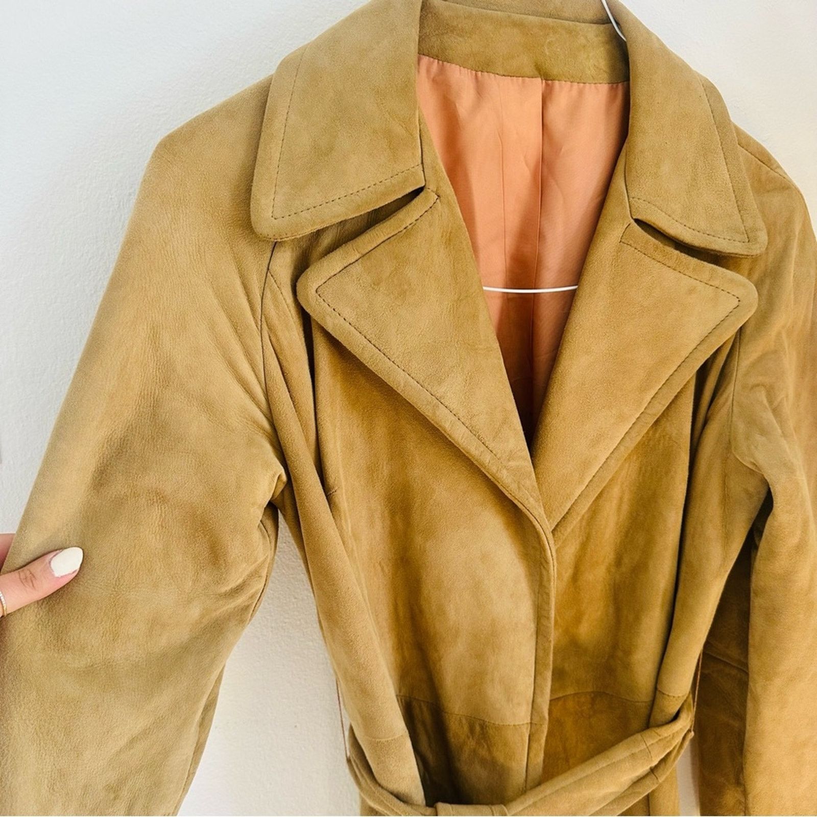 Vintage VINTAGE Beige Tan Camel Suede Leather Trench Coat Tie Jacket Size M / US 6-8 / IT 42-44 - 7 Thumbnail