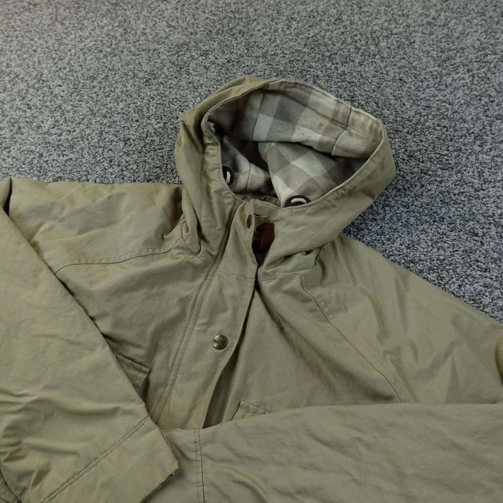 Vintage Woolrich Coat Parka Womens M Beige Twill Hooded Lined Pockets Button Logo Outdoor Casual Travel Winter Fall Size M / US 6-8 / IT 42-44 - 2 Thumbnail