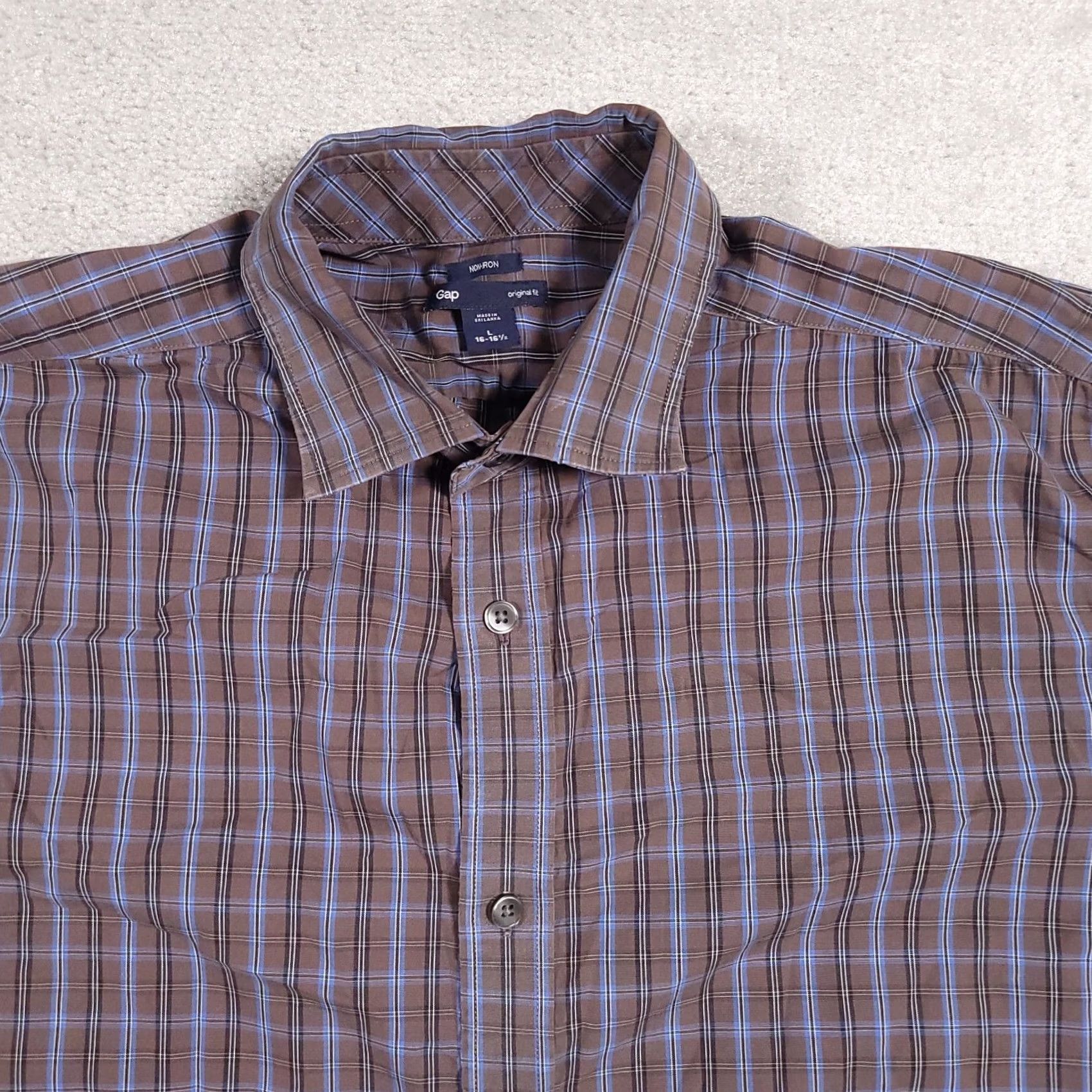 Gap Gap Button Up Shirt Mens Large 16-16.5 Brown Blue Check Long Sleeve Non-Iron Pocket Casual Workwear Shirt Size US L / EU 52-54 / 3 - 3 Thumbnail