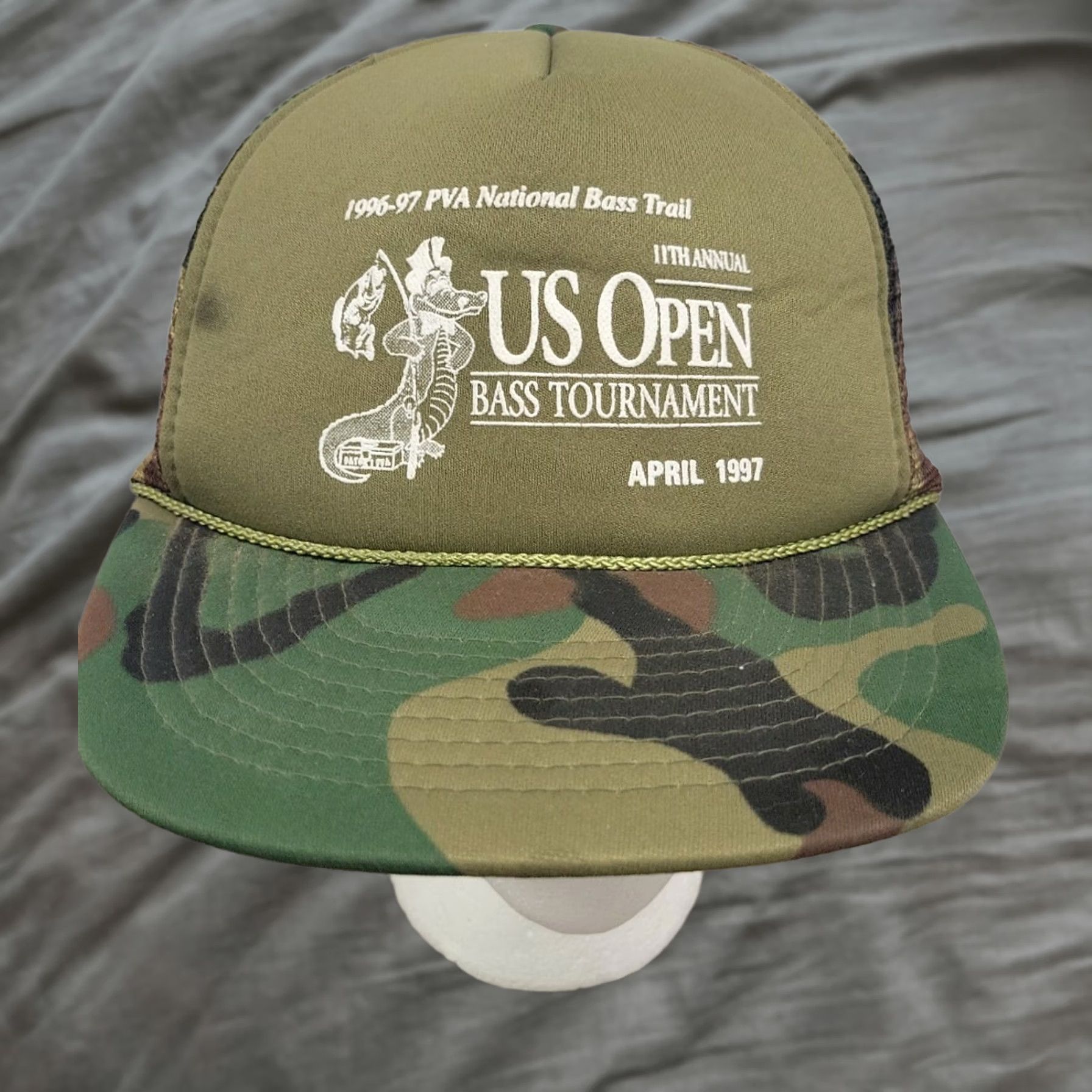Olive VINTAGE US Open 1997 Bass Tournament Snapback Trucker Hat Cap Olive Green Mens Size ONE SIZE - 1 Thumbnail