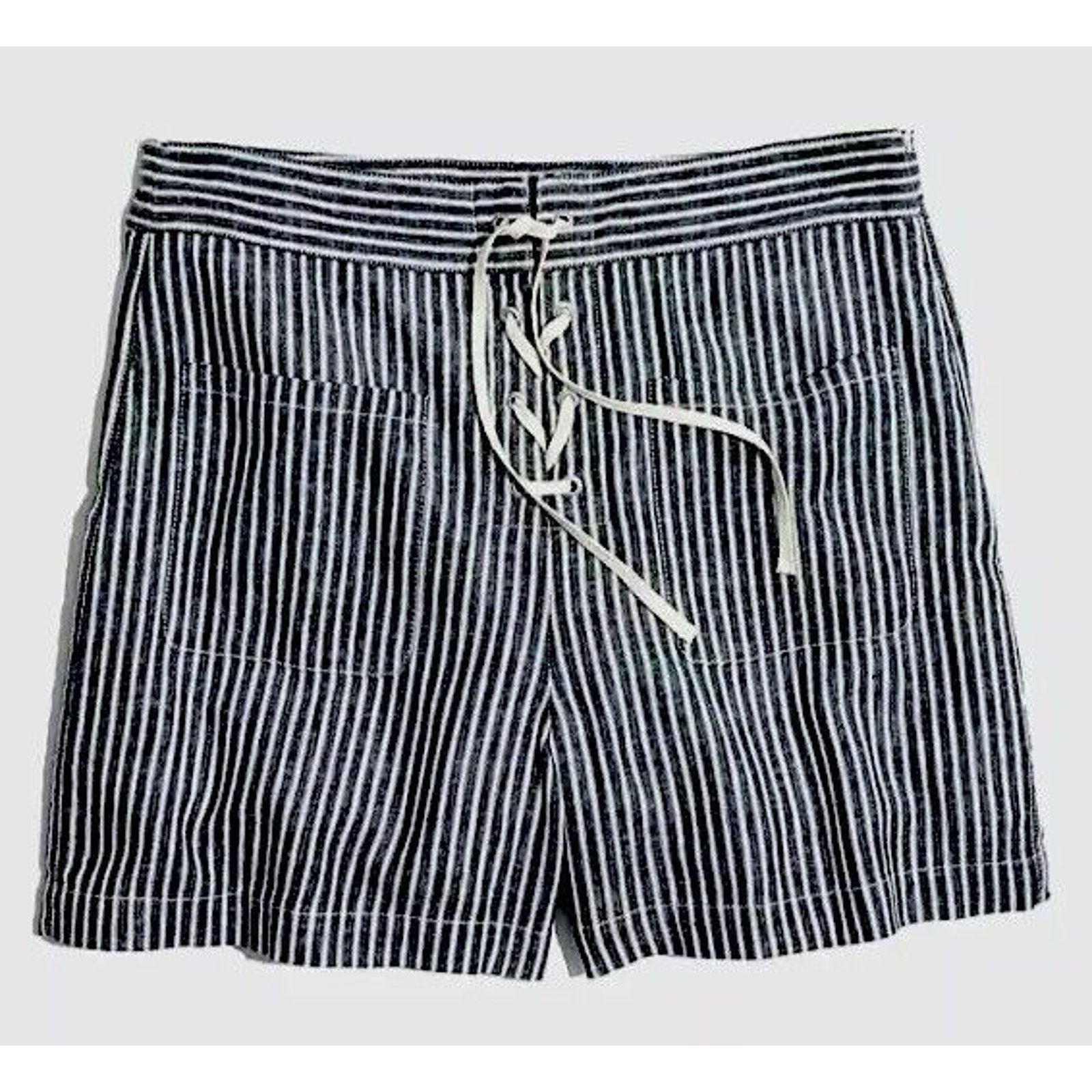 Madewell Madewell Jean Blue Striped High Waist Pockets Lace-Up Shorts Size 27" / US 4 / IT 40 - 1 Thumbnail
