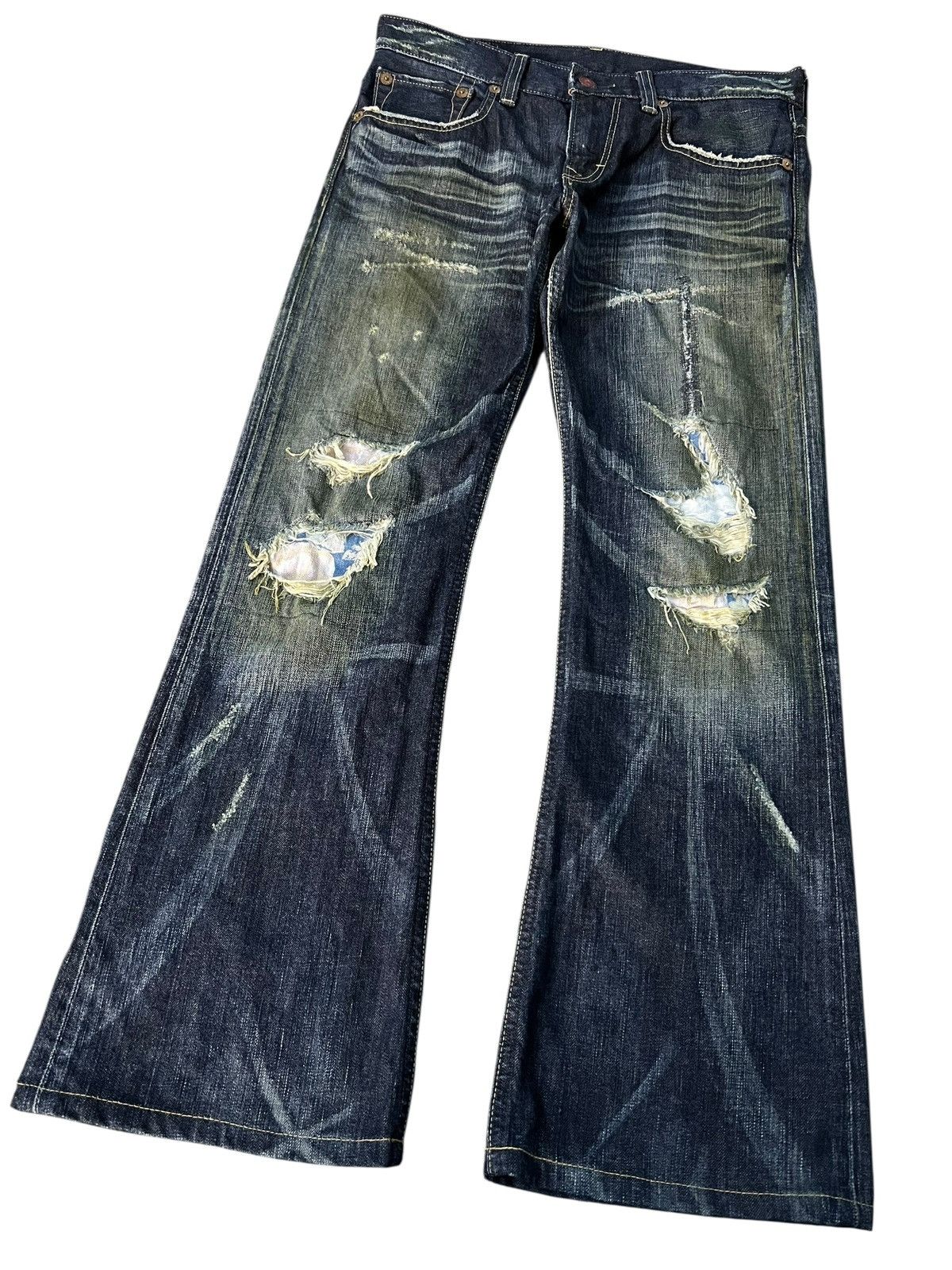 Edwin Vintage Edwin 503 Blue Trip Flare Distress Jean Japan Size US 33 - 1 Thumbnail
