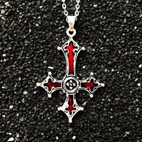 Jewelry Chrome Red Silver Cross Goth God Pendant Necklace Star Demon Size ONE SIZE - 2 Thumbnail