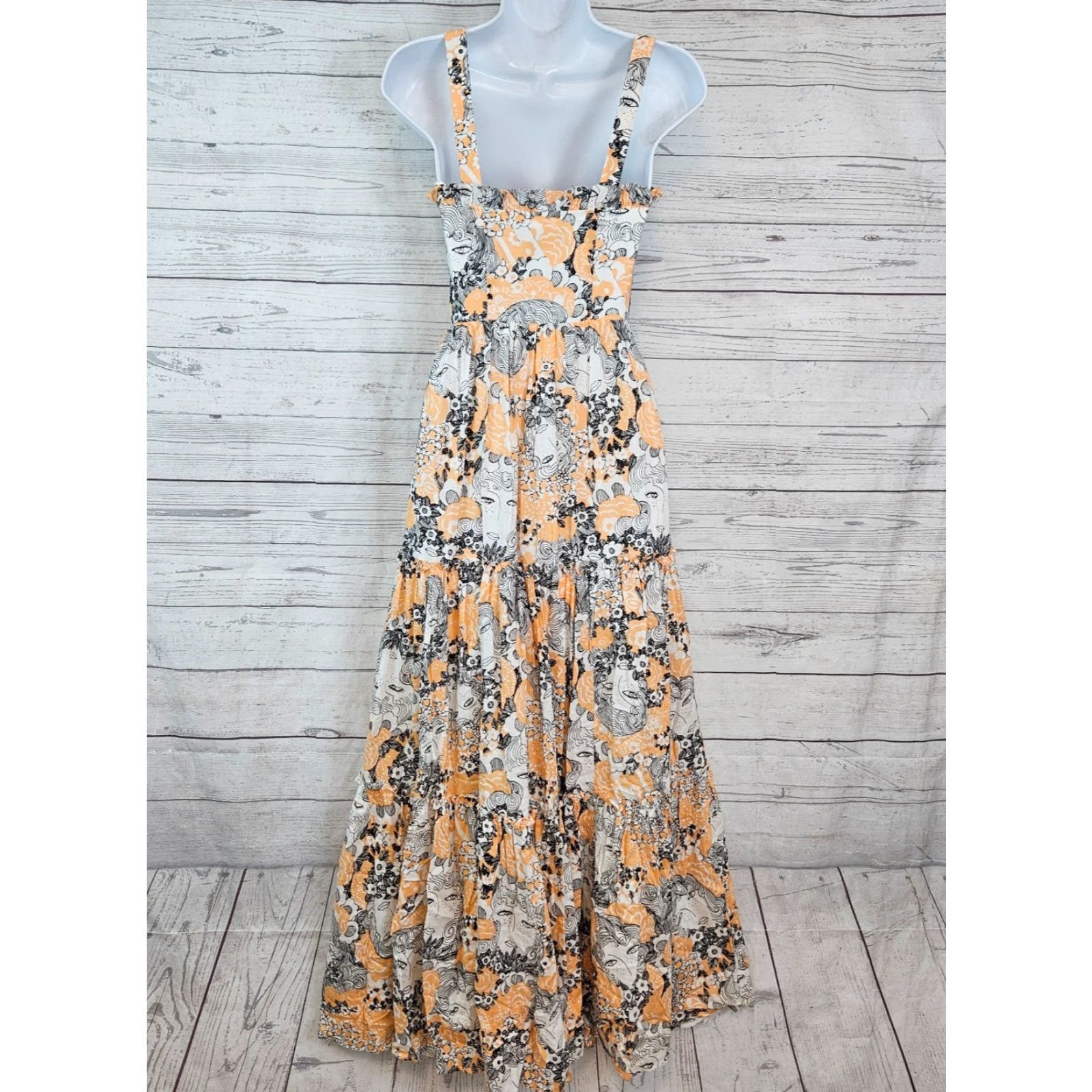 Vintage Modcloth Womens Boho Maxi Dress On The Range Smocked XS Peach White Faces Size XS / US 0-2 / IT 36-38 - 3 Thumbnail
