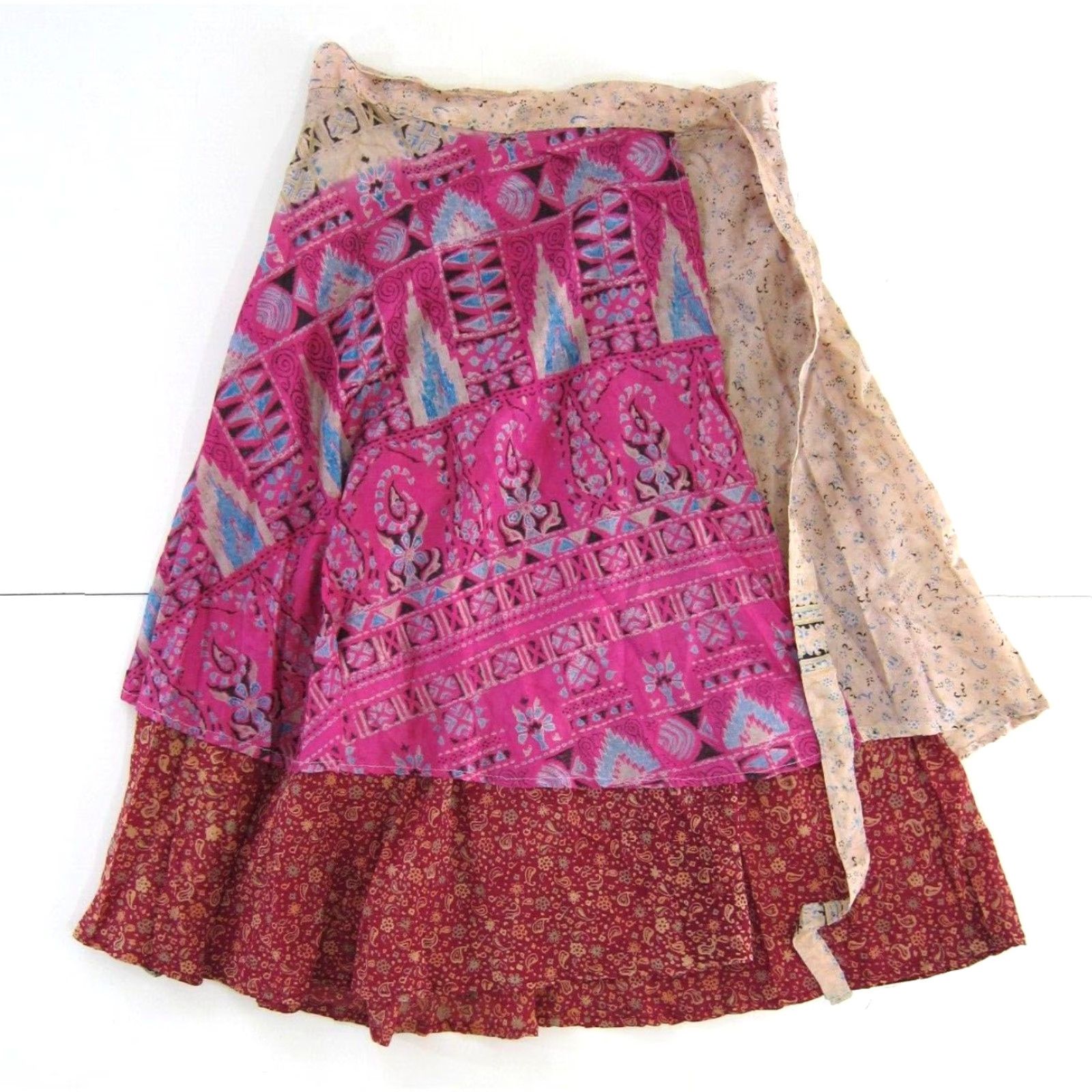 Pinko VINTAGE India Silk Red Pink Blue Floral Paisley Long Reversible Wrap Skirt OS Size 42" / US 20 - 2 Thumbnail