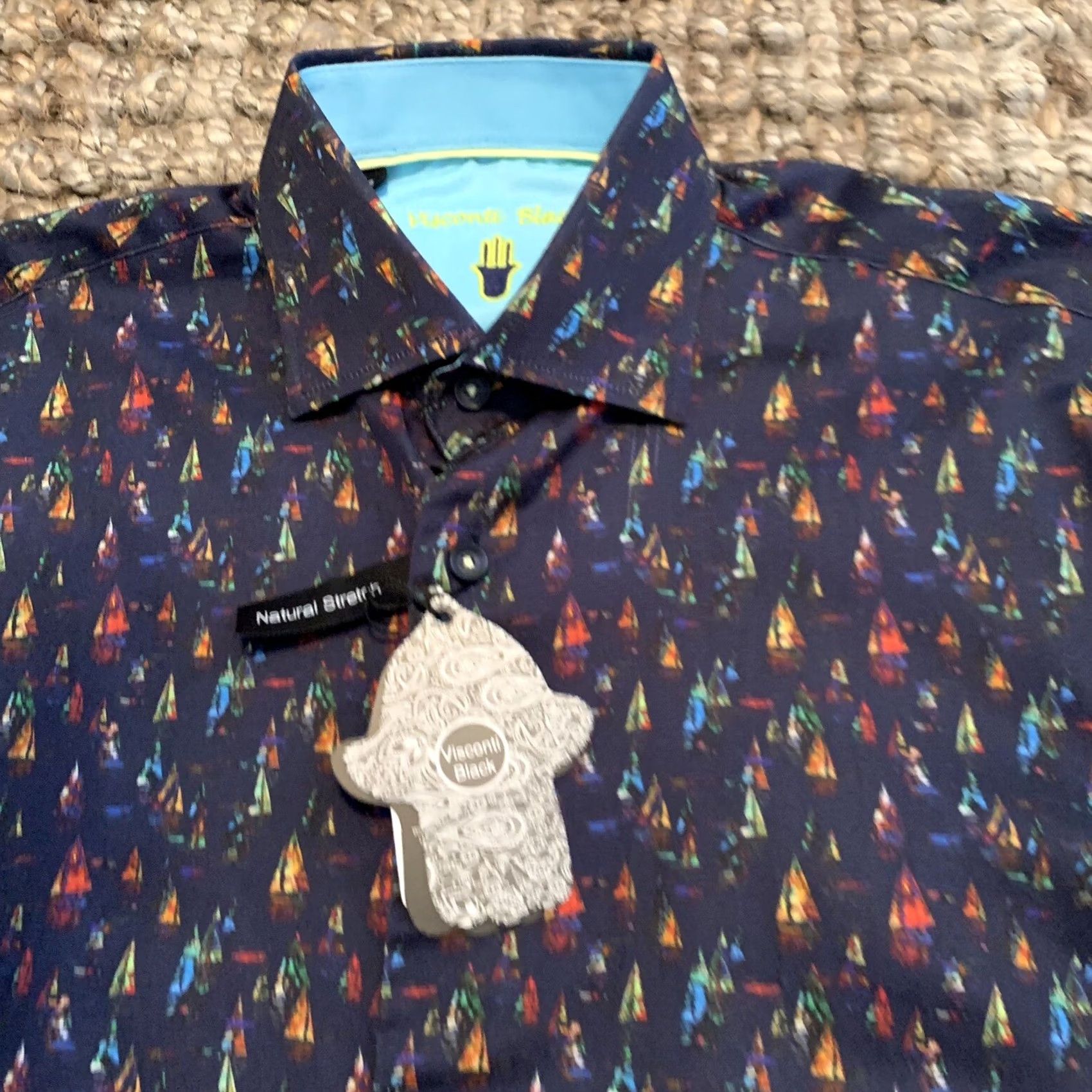 Vintage Visconti Black Shirt Mens Small Short Sleeve Button Natural Stretch Sailboat Blue Casual Size US S / EU 44-46 / 1 - 2 Thumbnail