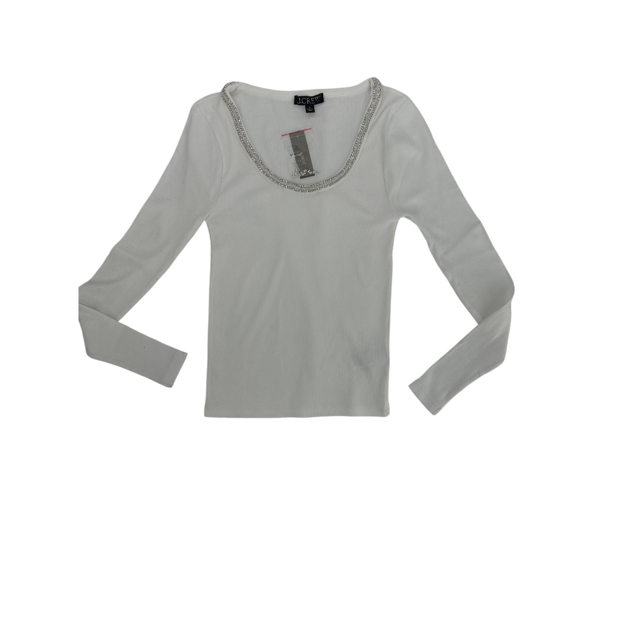 J.Crew J.Crew Polished Glam Rhinestone Neckline Top Small White Rib Size S / US 4 / IT 40 - 4 Thumbnail
