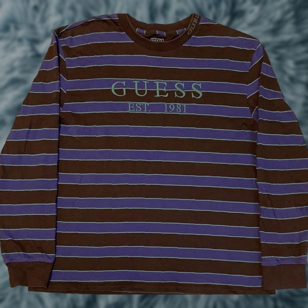 Guess VINTAGE GUESS Jeans Striped Spellout Shirt L Blue Graphic Tee 90s Y2K Hip Hop Grunge Beach Surf Skate Boardriding Mens Size US L / EU 52-54 / 3 - 1 Thumbnail