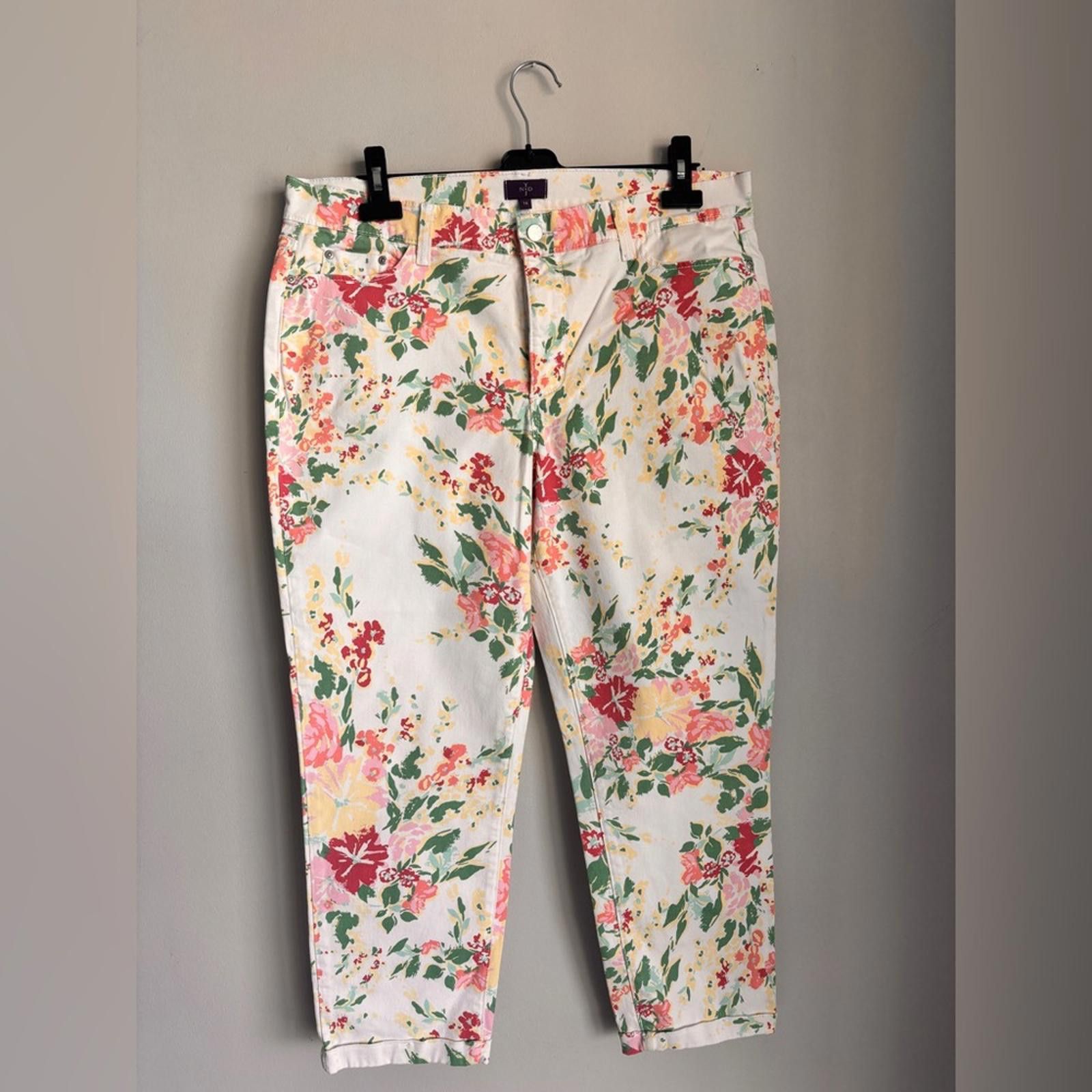 NYDJ Red and White Straight Leg Jeans with Floral Pattern