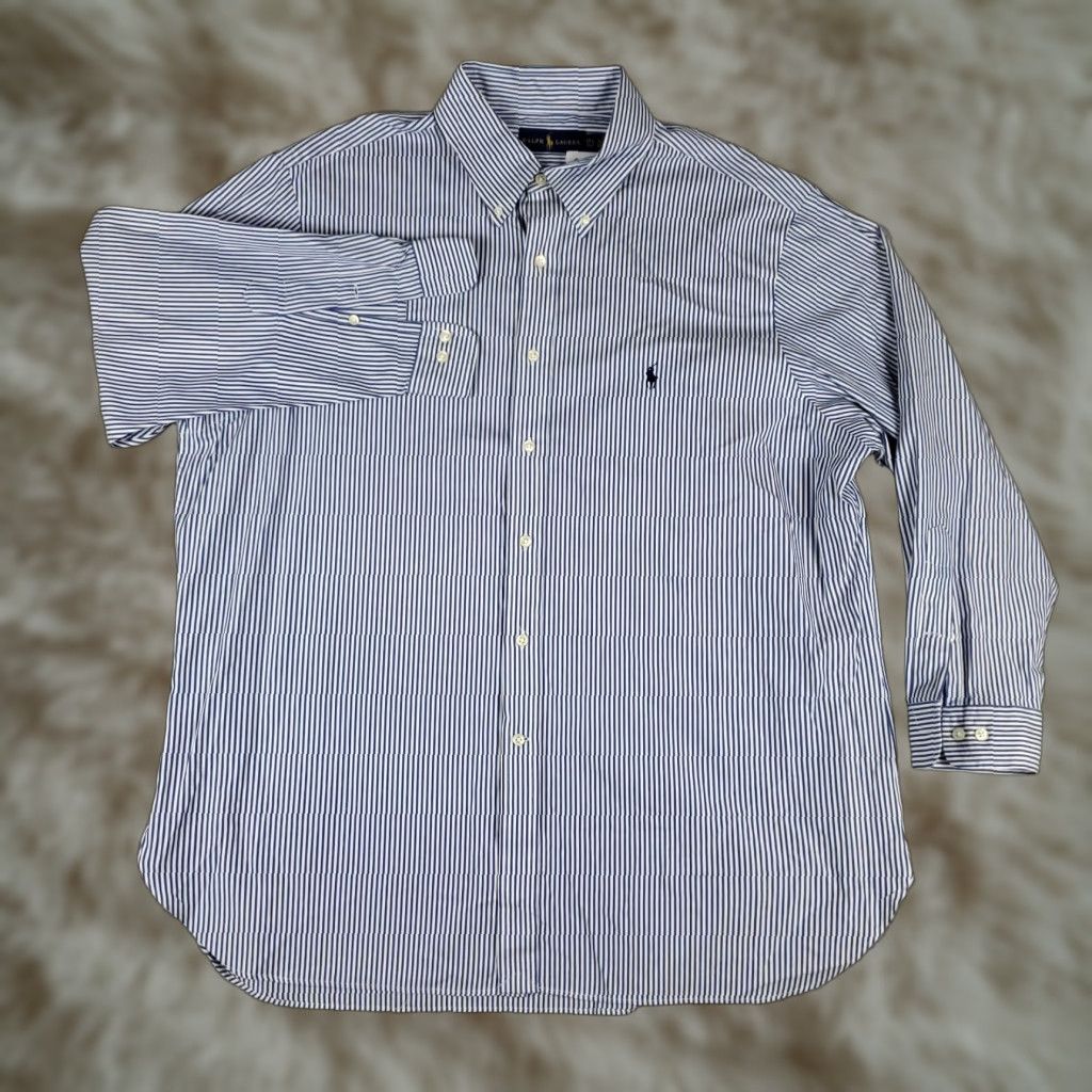 Ralph Lauren Ralph Lauren Shirt Mens Dress Button Up Long Sleeve 17.5 Blue Striped Non-Iron Pockets Coverall Classic Mens Size 46R - 1 Thumbnail