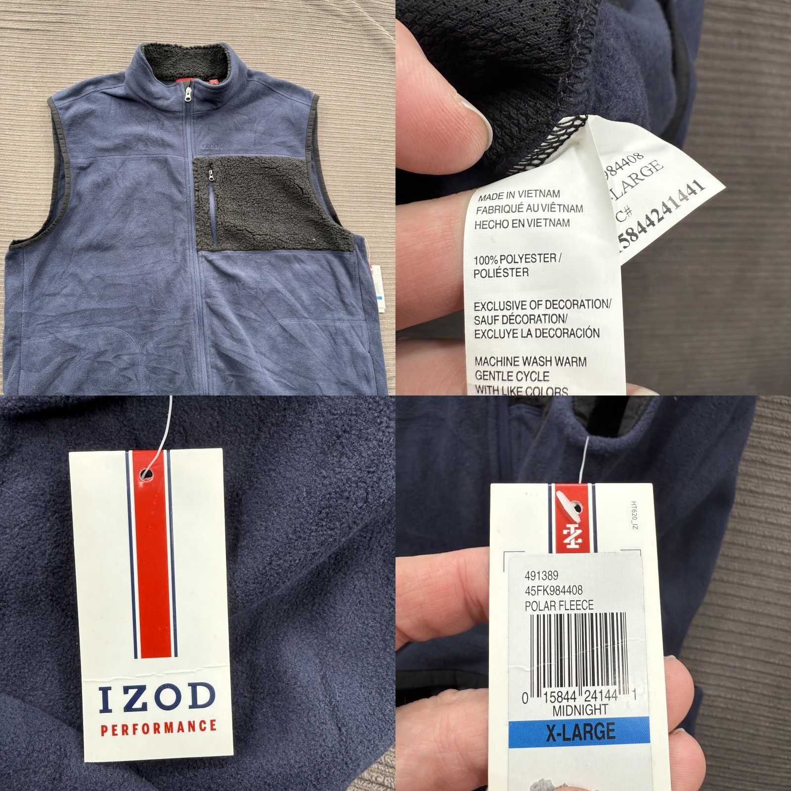 Izod IZOD Polar Fleece Vest Mens XL Midnight Blue Performance Zip Pocket Sherpa Trim Size US XL / EU 56 / 4 - 8 Thumbnail