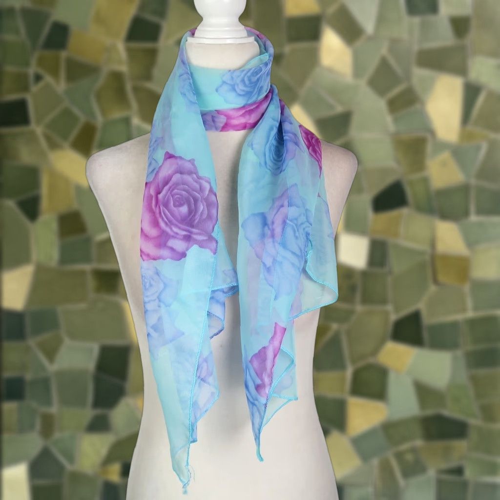 Vintage VINTAGE Scarf Rectangle Scarf Floral Rose Print Y2K Light Blue Purple Bohemian 90s Women Girls (as applicable) Size ONE SIZE - 1 Thumbnail