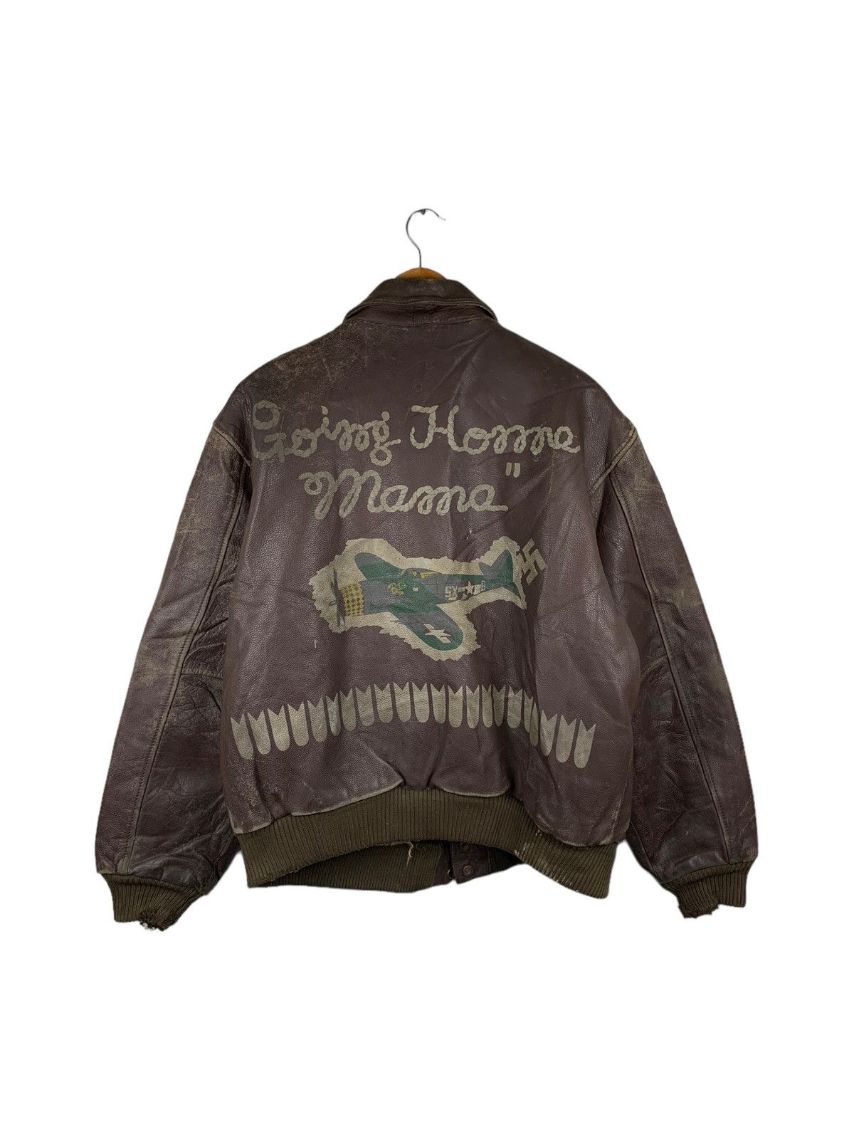 image of Military x Vintage Thrashed Sunfaded Duex2C Leather Flyers Jacket in Brown, Men's (Size Large)