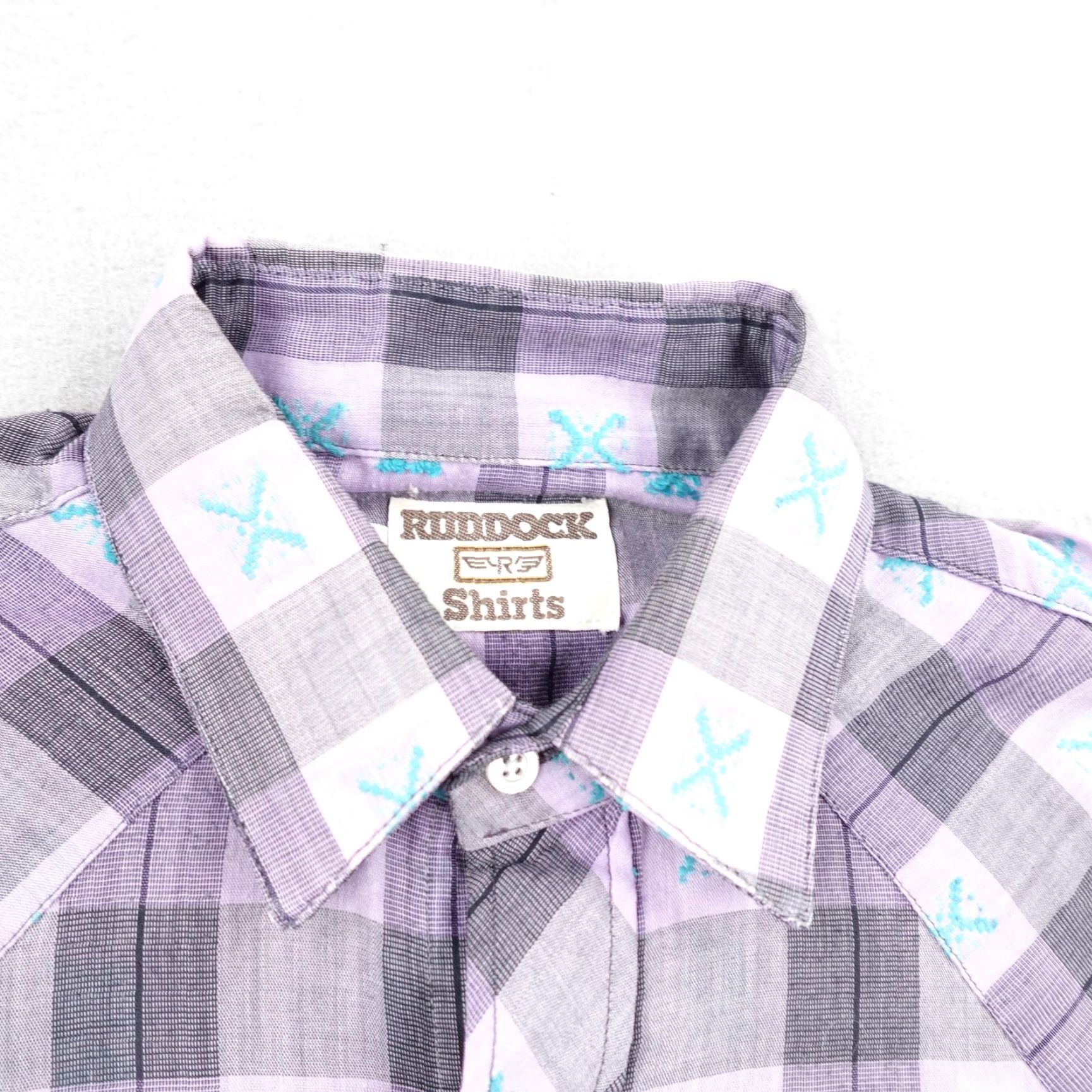 Vintage VINTAGE Ruddock Western Shirt Mens Large Purple Plaid Pearl Snap Short Sleeve Embroidered Pocket Cowboys Aztec 90s Cotton Blend Button-Up Casual Men's Size US L / EU 52-54 / 3 - 2 Thumbnail