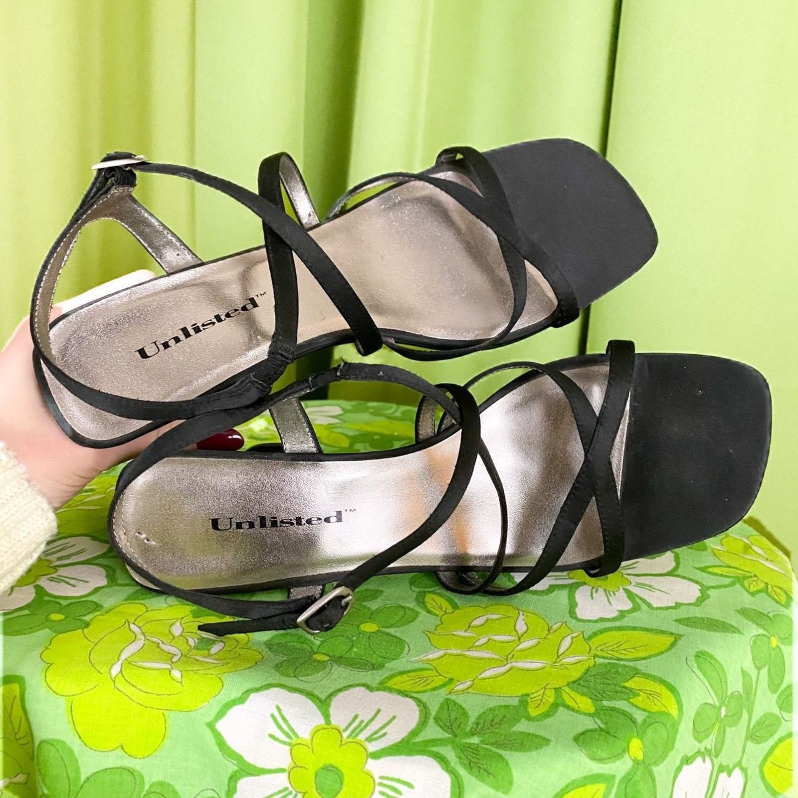Vintage 90s Vintage Black Strappy Chunky Square Toe High Heels Size US 8.5 / IT 38.5 - 3 Thumbnail