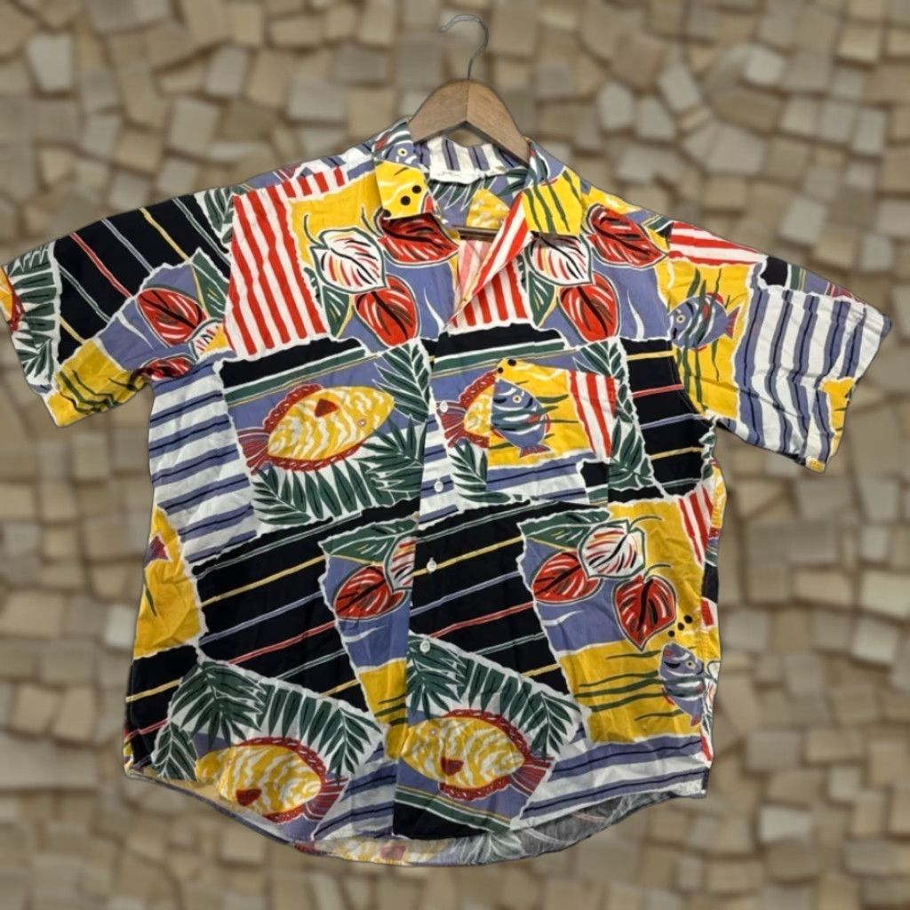 Vintage Gottex Coral Fish Hawaiian Shirt Men Large Colorful Cotton Retro 70s