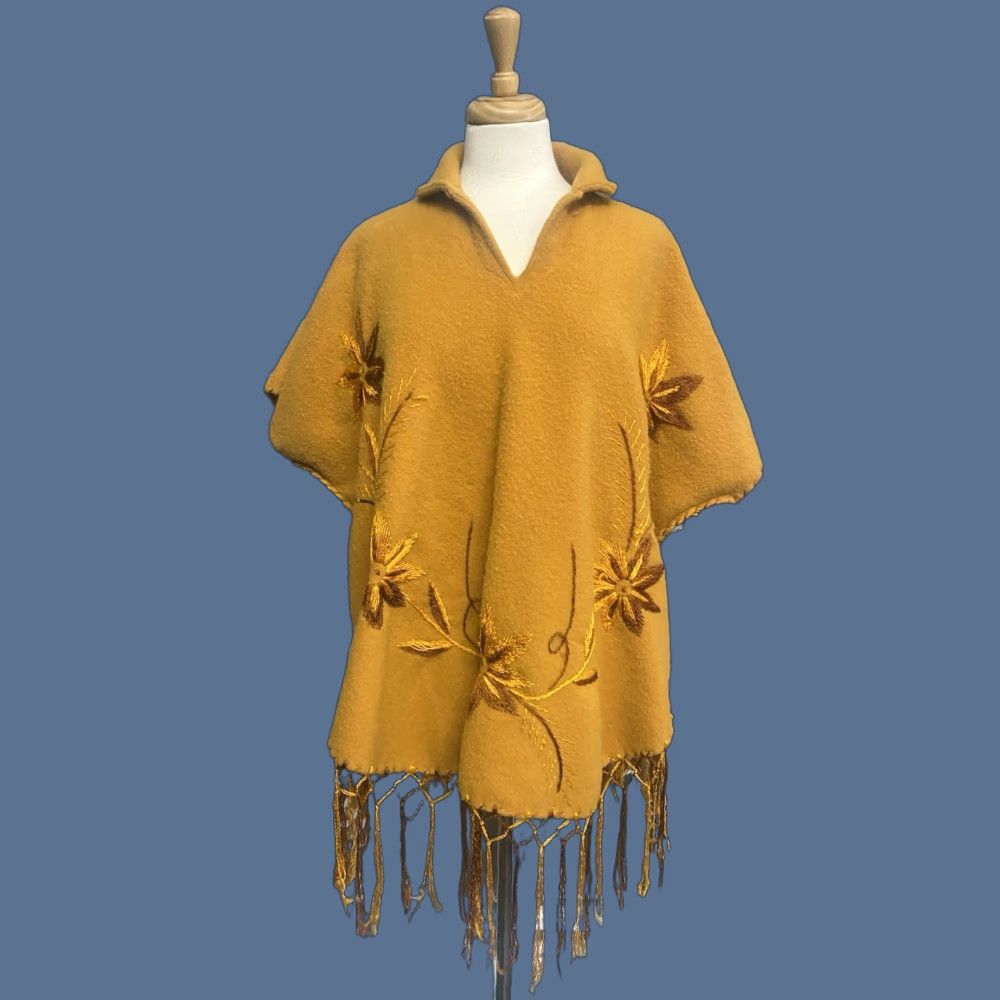 Vintage VINTAGE 60s Fringe Embroidered Wool Poncho Cape Yellow Women's OSFM Boho Flowers 1960s Clothing Womens Size ONE SIZE - 1 Thumbnail