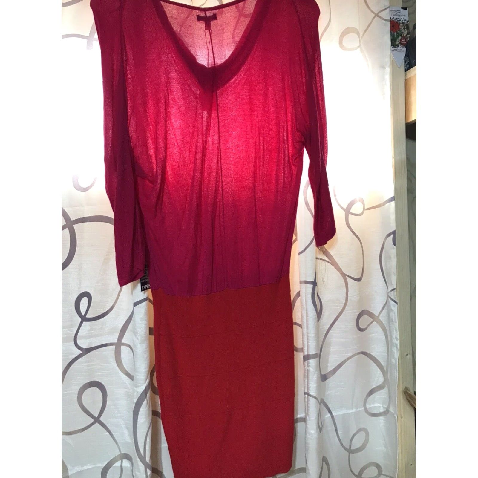 Express Express Women's Midi Dress Sheer Upper Colorblock 3/4 Sleeve Magenta & Red Size M NWT Size M / US 6-8 / IT 42-44 - 3 Thumbnail