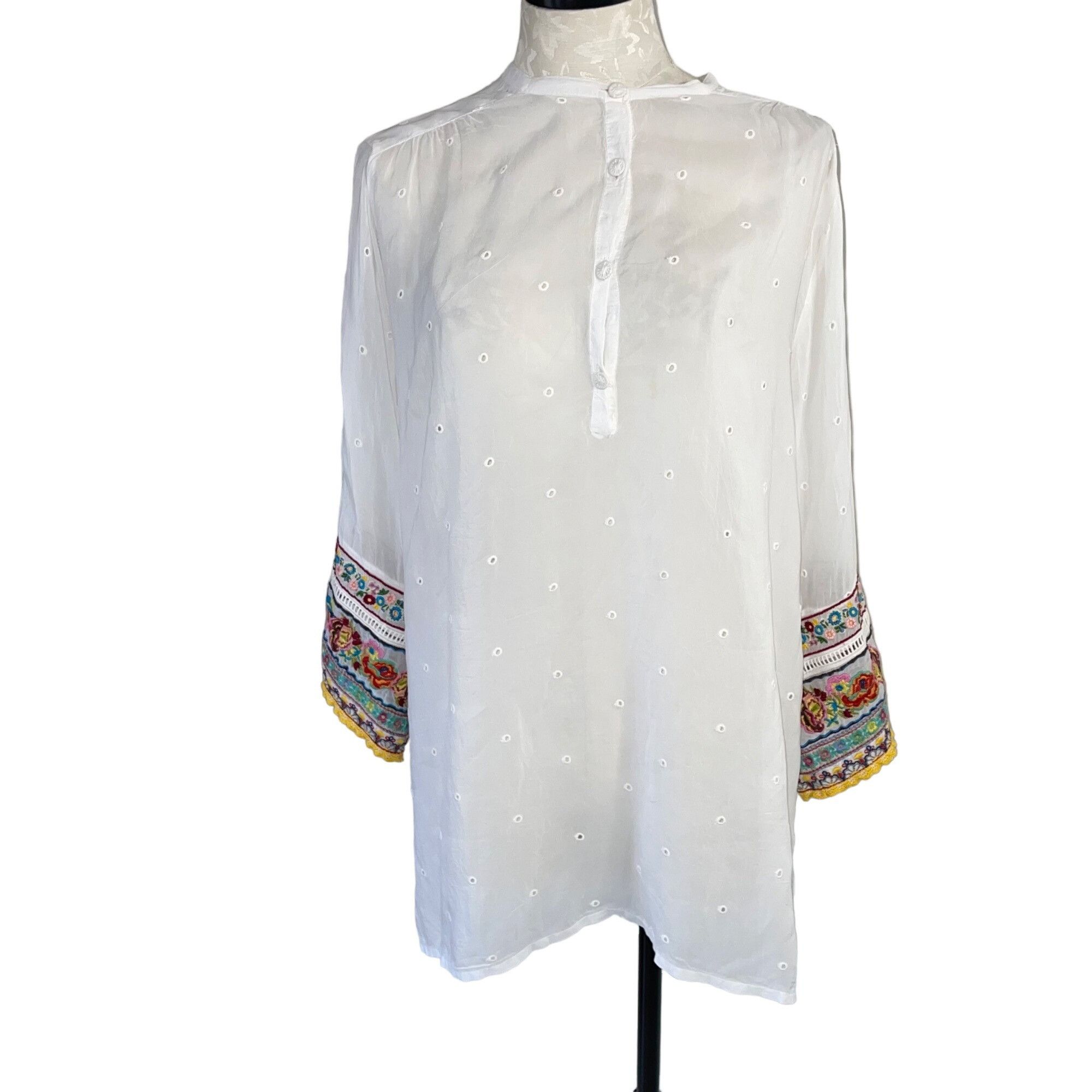 image of Johnny Was Womens Tunic Size Large White Patchwork Sleeve Ra
