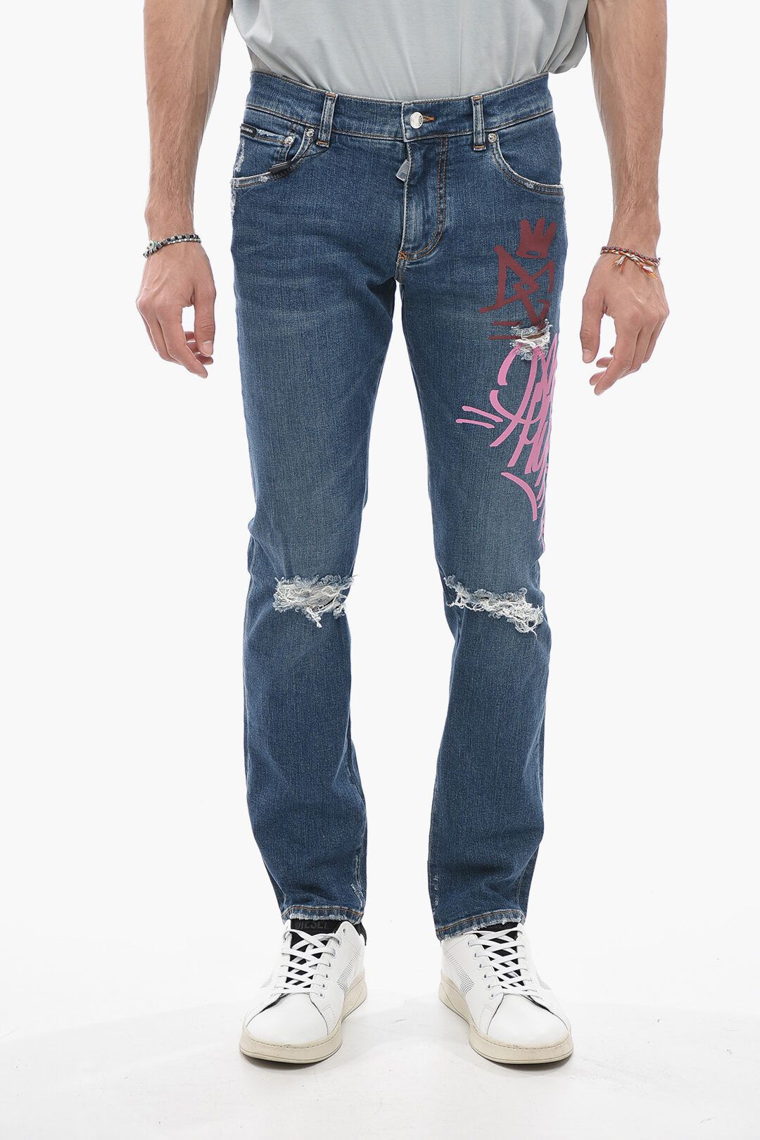 image of Dolce Gabbana Og1Mm0424 Slim Fit Graffiti Denim In Blue, Men's (Size 30)