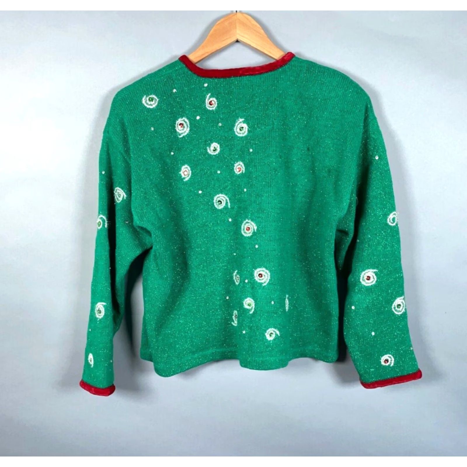 Vintage VINTAGE Design Options Cardigan Women's M Green Santa Sequin Geometric 90s Christmas Holiday Ugly Sweater with Shoulder Pads Crew Neck Knit Size M / US 6-8 / IT 42-44 - 3 Thumbnail