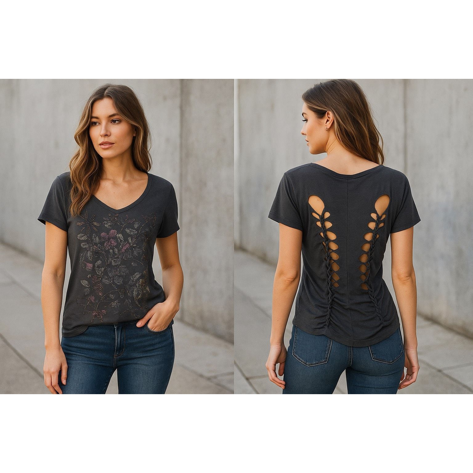 Forever 21 Forever 21 Gray Floral Beaded Cutout Back T-Shirt SZ M Size M / US 6-8 / IT 42-44 - 2 Thumbnail