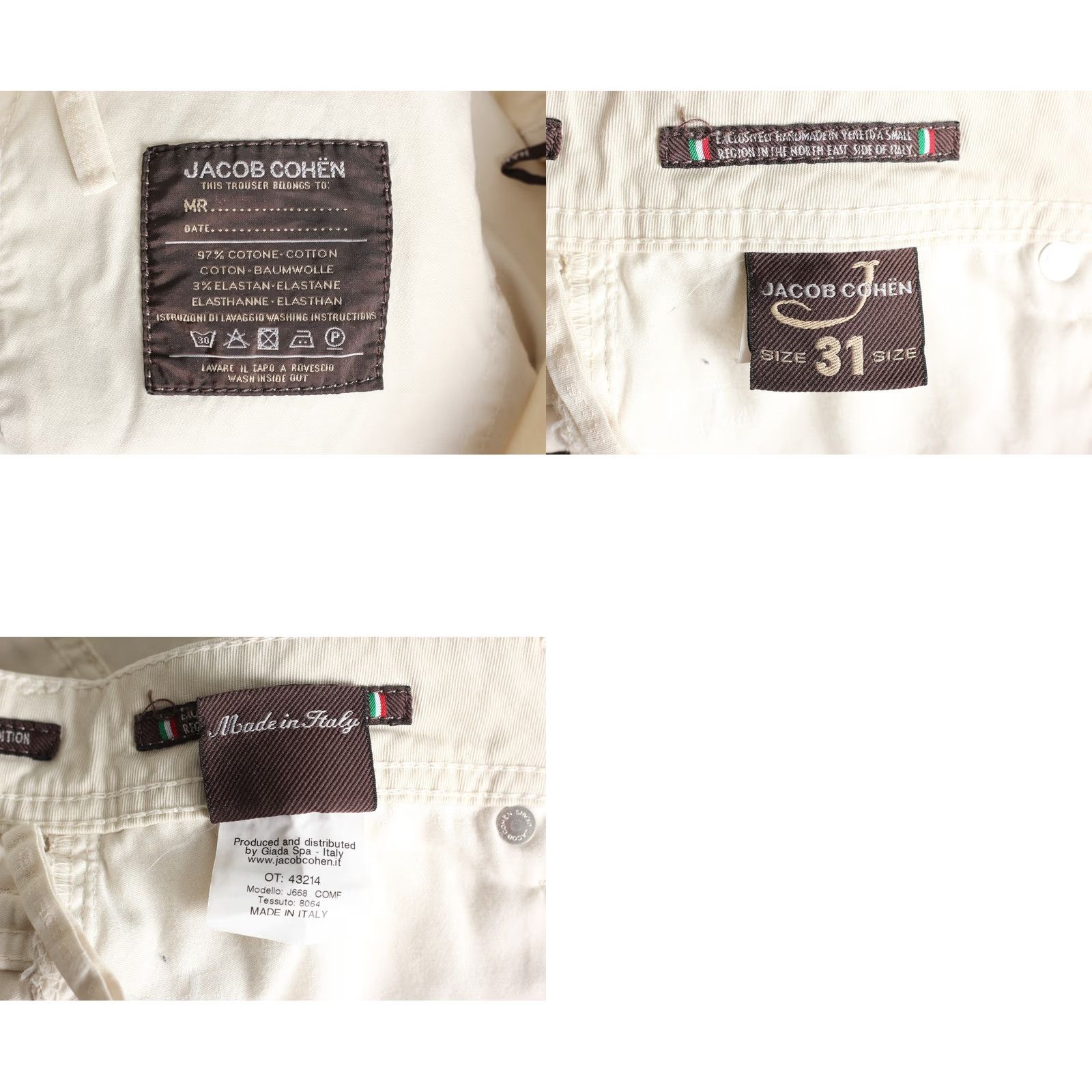 Jacob Cohen JACOB COHEN J668 Comfort Stretch Trousers Men W31 L28 Ivory 5-Pocket Design Slim Casual DZ6480 Size US 31 - 8 Thumbnail