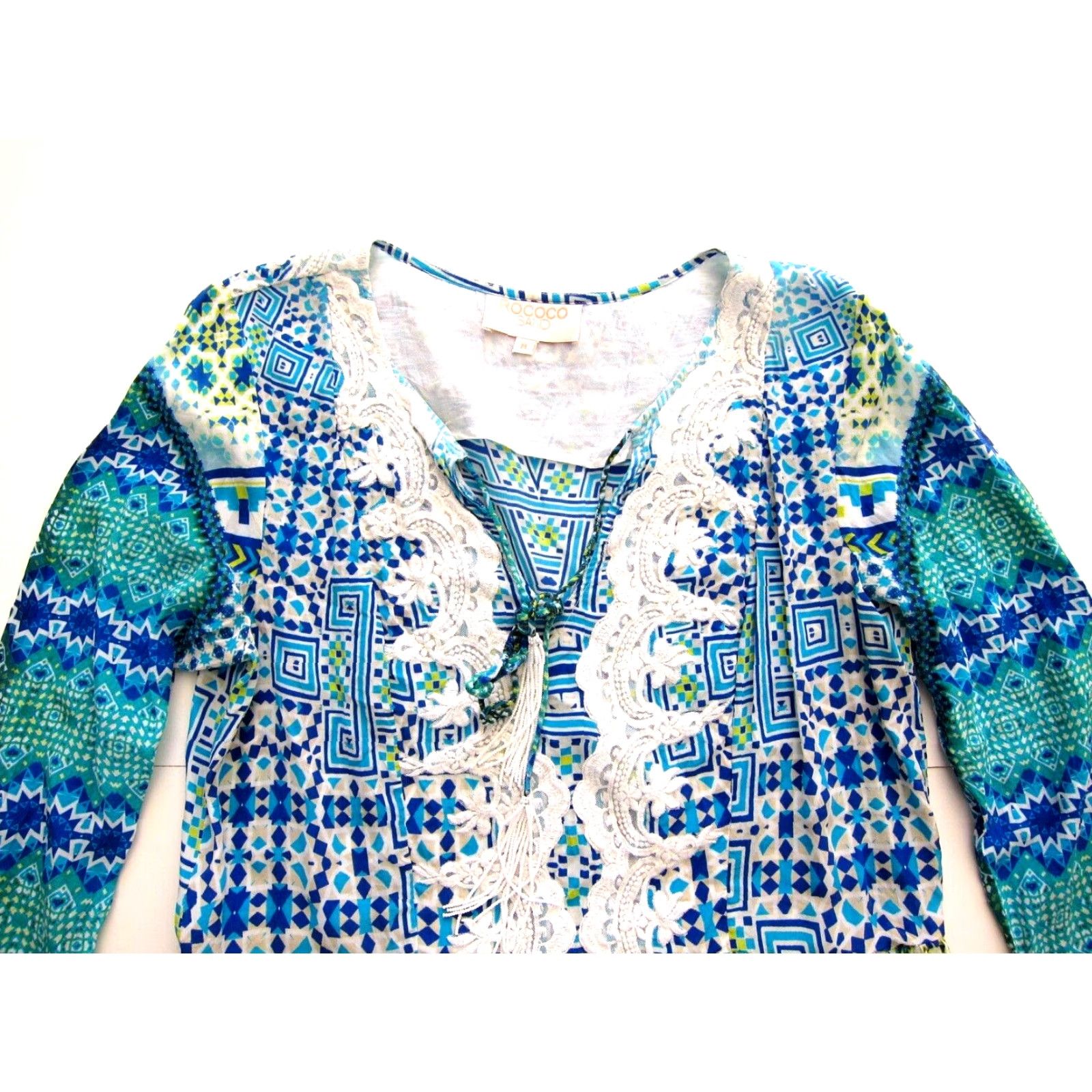 Rococo Sand VINTAGE Rococo Sand 100% Silk Blue Yellow Tassel V-Neck 3/4 Sleeve Boho Mini Dress M Size M / US 6-8 / IT 42-44 - 3 Thumbnail
