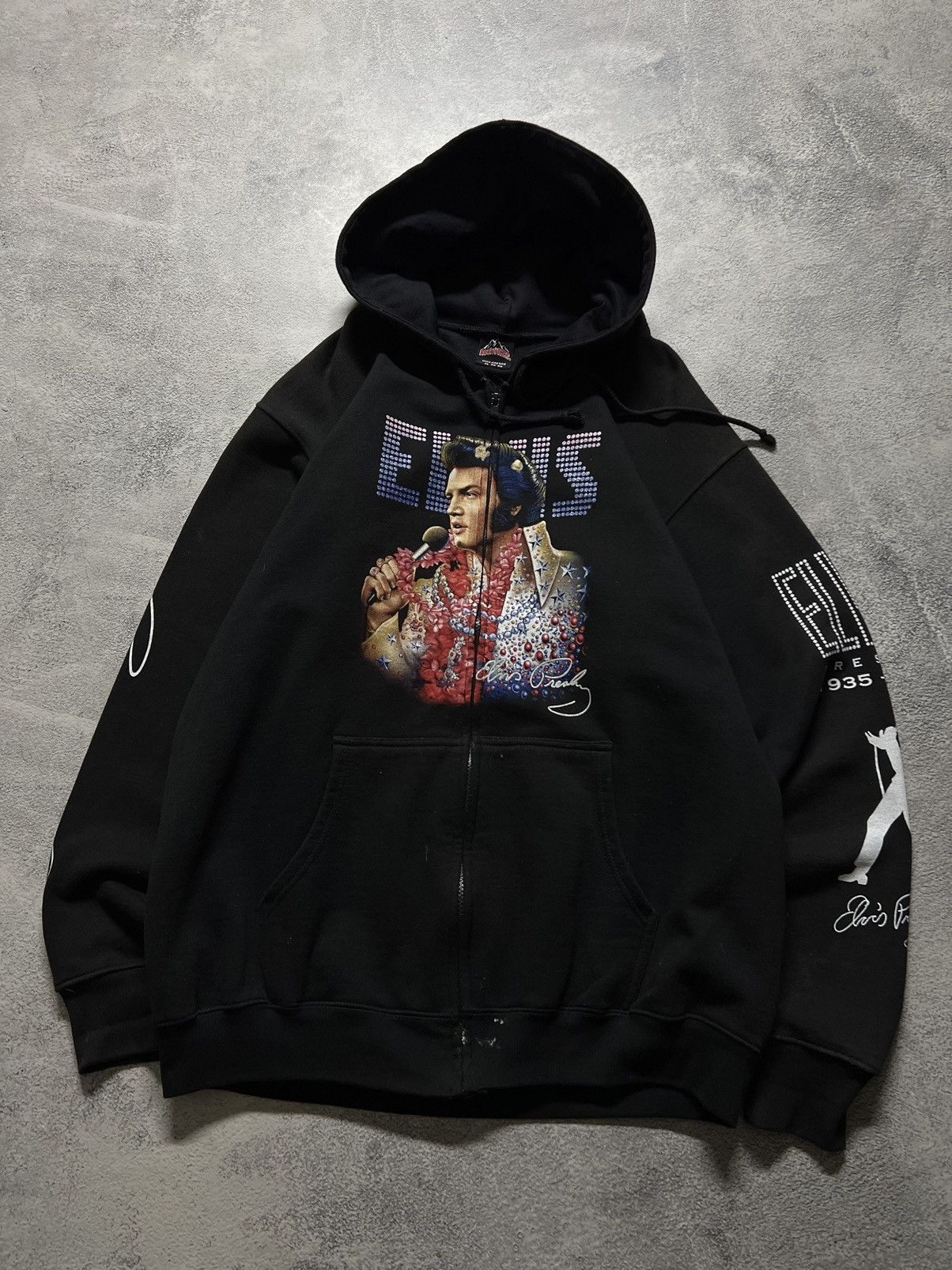 Band Tees × Vintage Vintage Elvis Presley 🖤 Faded All Over Print Zip Hoodie 90’s Size US XL / EU 56 / 4 - 2 Thumbnail