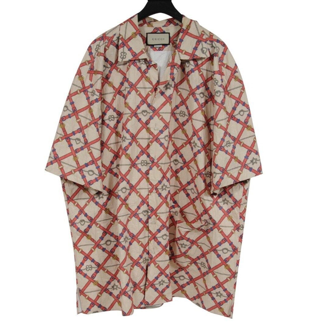Gucci Red Tan Wrinkled Paper Belts Bowling Button Down Shirt SS Size US M / EU 48-50 / 2 - 1 Thumbnail