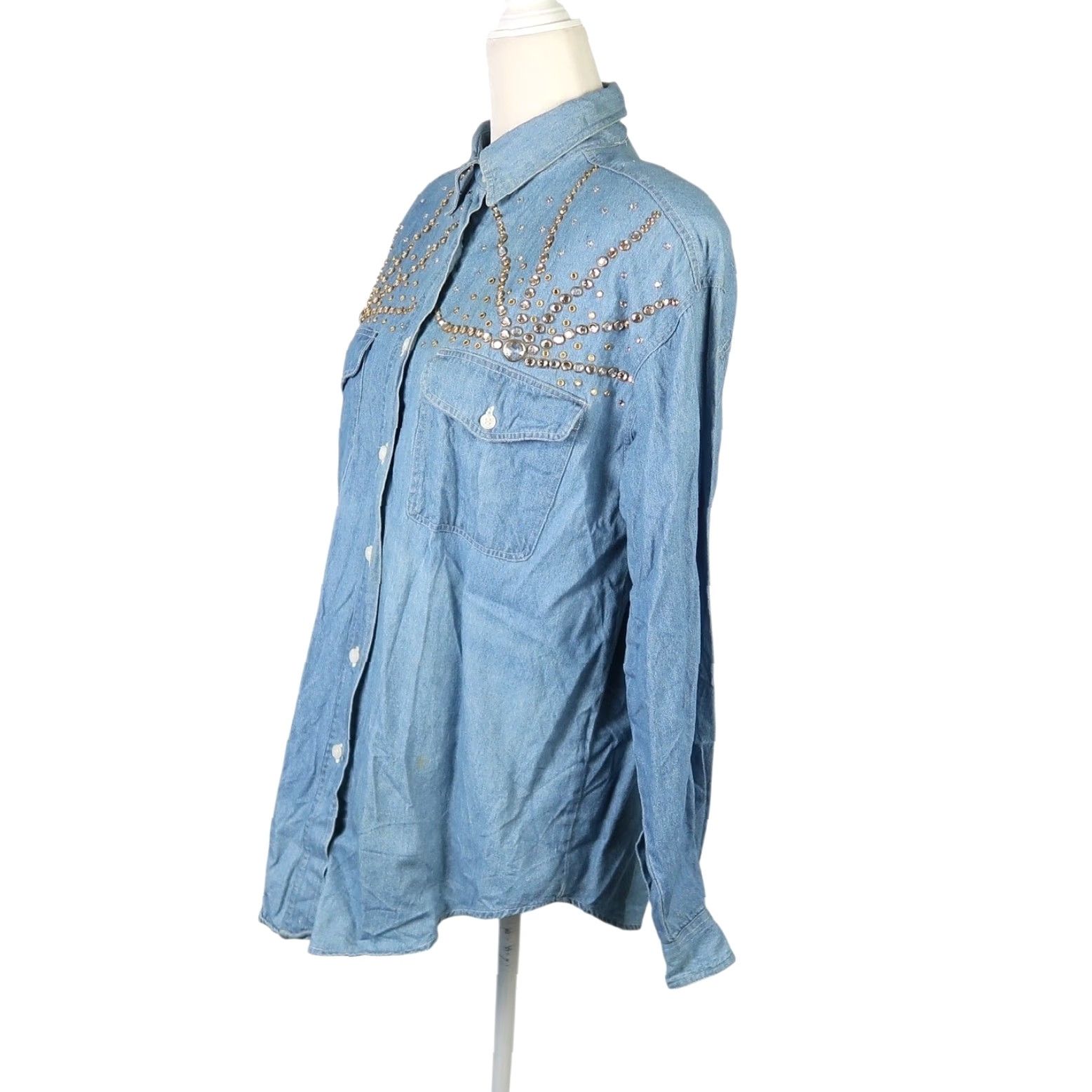Denime VINTAGE Clodia Dee Blue Denim Shirt Button-Down Rhinestone Beaded Western 80s Bohemian M Womens Size M / US 6-8 / IT 42-44 - 3 Thumbnail