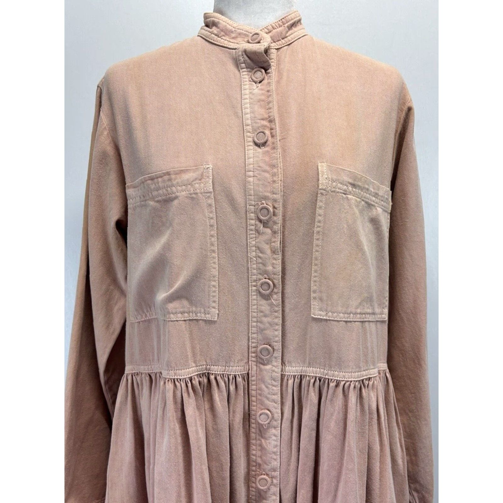 Vintage VINTAGE Bonnie Strauss Canvas Maxi Dress Size 10 Long Sleeve Pink Tan Casual Pockets Womens Size L / US 10 / IT 46 - 6 Thumbnail